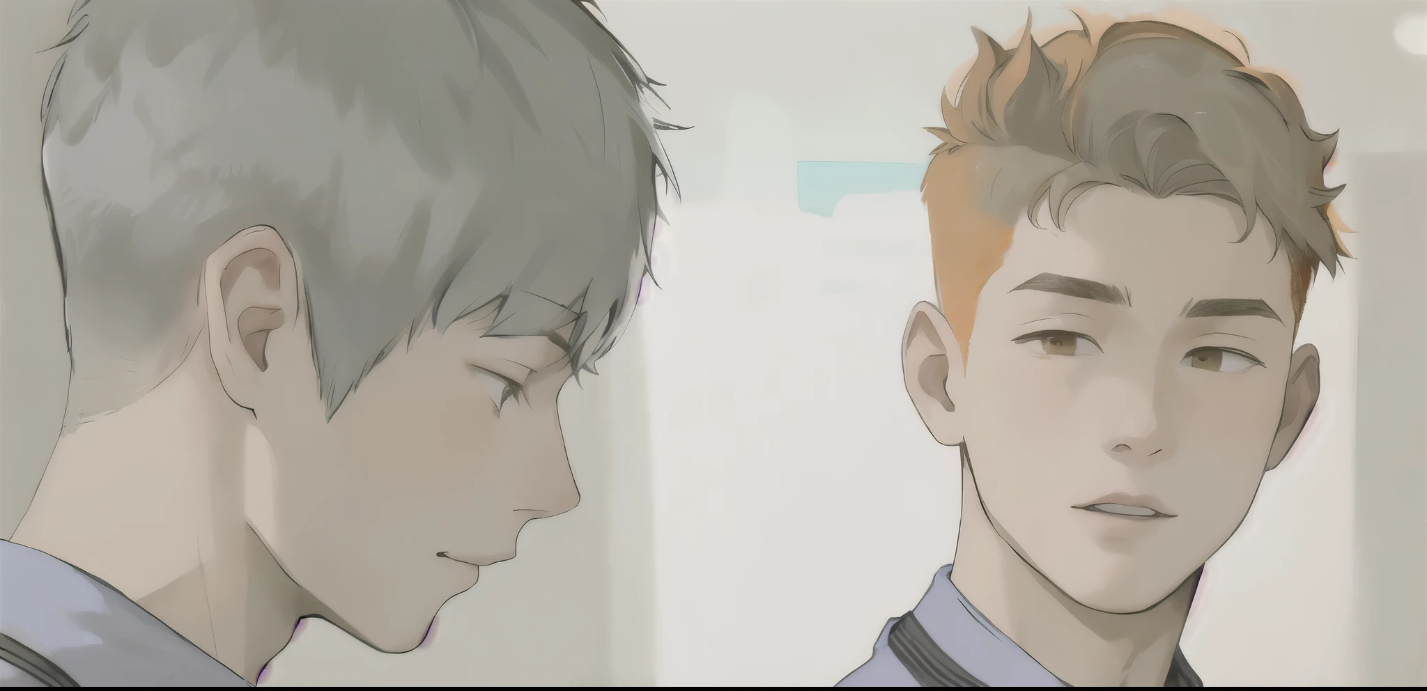 There are two boys, one in profile and the other looking at him, gray hair and orange hair, they are ************.