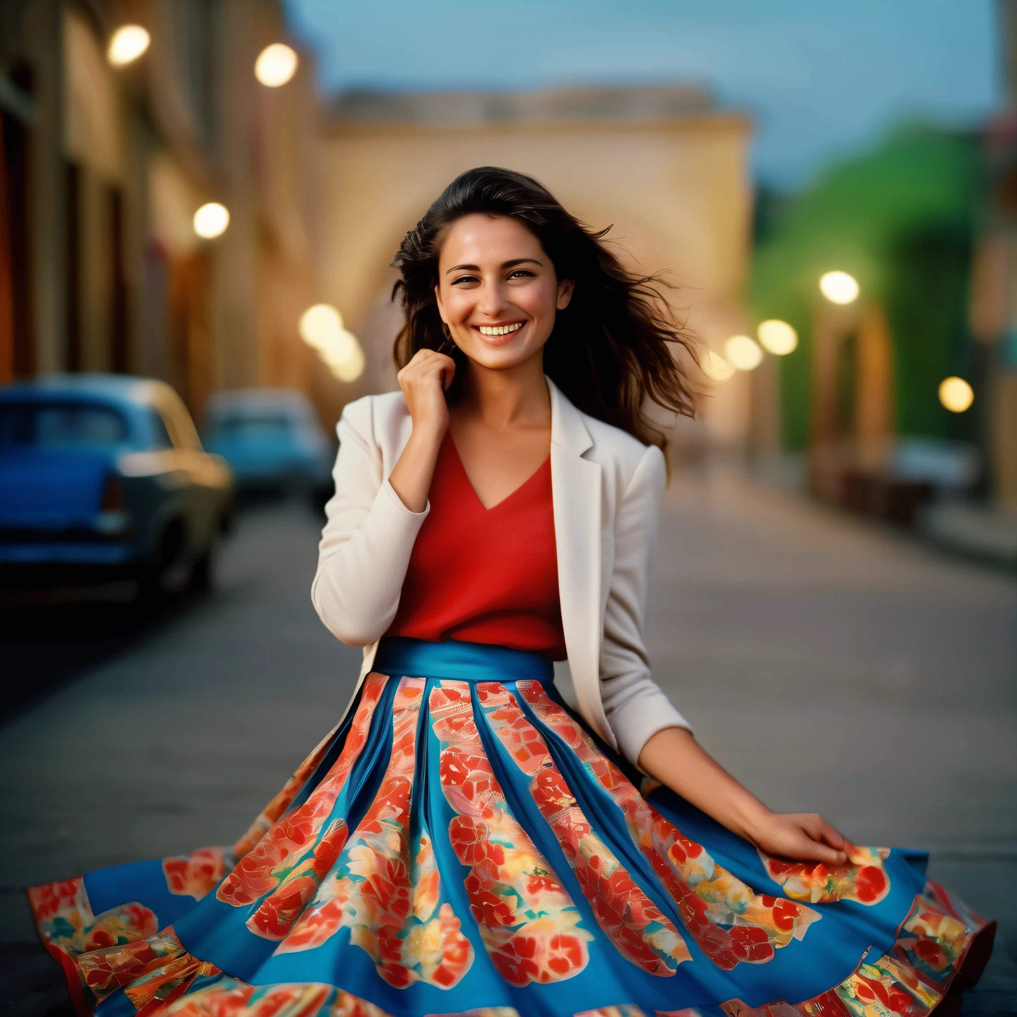 A smiling, authentic, (shy:1,3), kind, beautiful woman, is passionately in love with her skirt, sitting down on the ground while wind lifts her skirt, wearing short blazer and very, very detailed (long (fully pleated) full circle skirt) and (low heeled court shoes), very, very intricate hyper-detailed symmetric (attractive graceful young feminine face) with (sad, tired eyes and a loving smile), very voluptuous breasts, full of empathy and compassion and love, (pronounced (feminine) features), (highly detailed ultra accurate realistic) hands and fingers, (windy), epic composition, highly detailed attributes, (35mm f1.4 Kodak portra 400 photograph), extremely high quality RAW photograph, highly detailed atmosphere, sci-fi, cinematic shot, dynamic lighting, 75mm, Technicolor, Panavision, cinemascope, sharp focus, fine details, 8k, HDR, realism, realistic, key visual, film still, superb cinematic color grading, depth of field