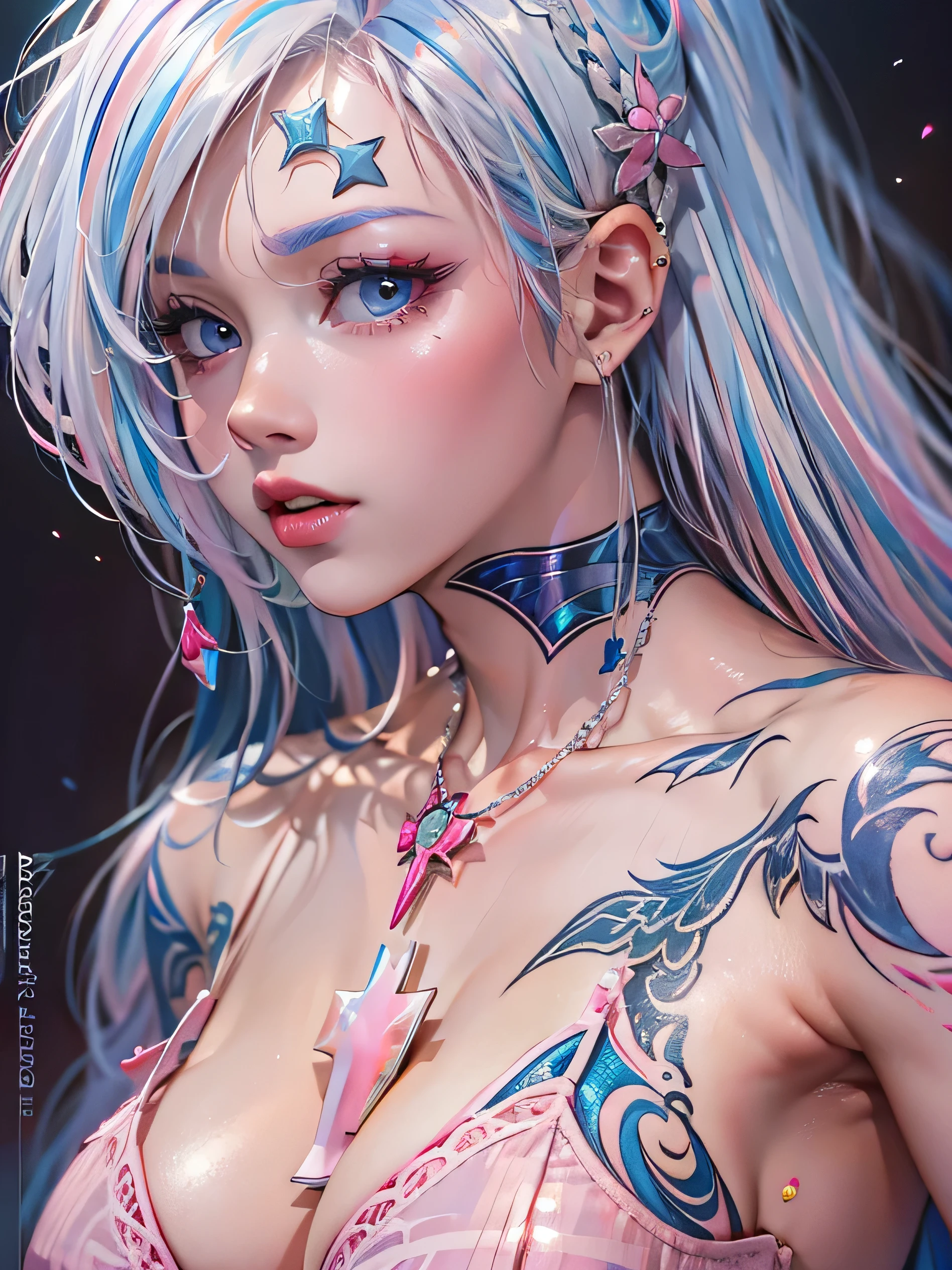 (photorealistic:1.8, highest quality:1.8,8K masterpiece:1.8,High resolution,muste piece:1.8,RAW Photos,cinematic lighting),No split screen, (1 android girl:1.3)、Completely naked、full body tattoo、beautiful big breasts、choker、Nipple piercing、kimono、beautiful butt,beautiful thighs,plump nipples、Nipples are visible through the costume,cameltoe,Body painting with a pop design drawn all over the body、pop art design、cutting edge fashion、conceptual art、(Beautiful shining pink-blue-white hair:1.5)、Impassive