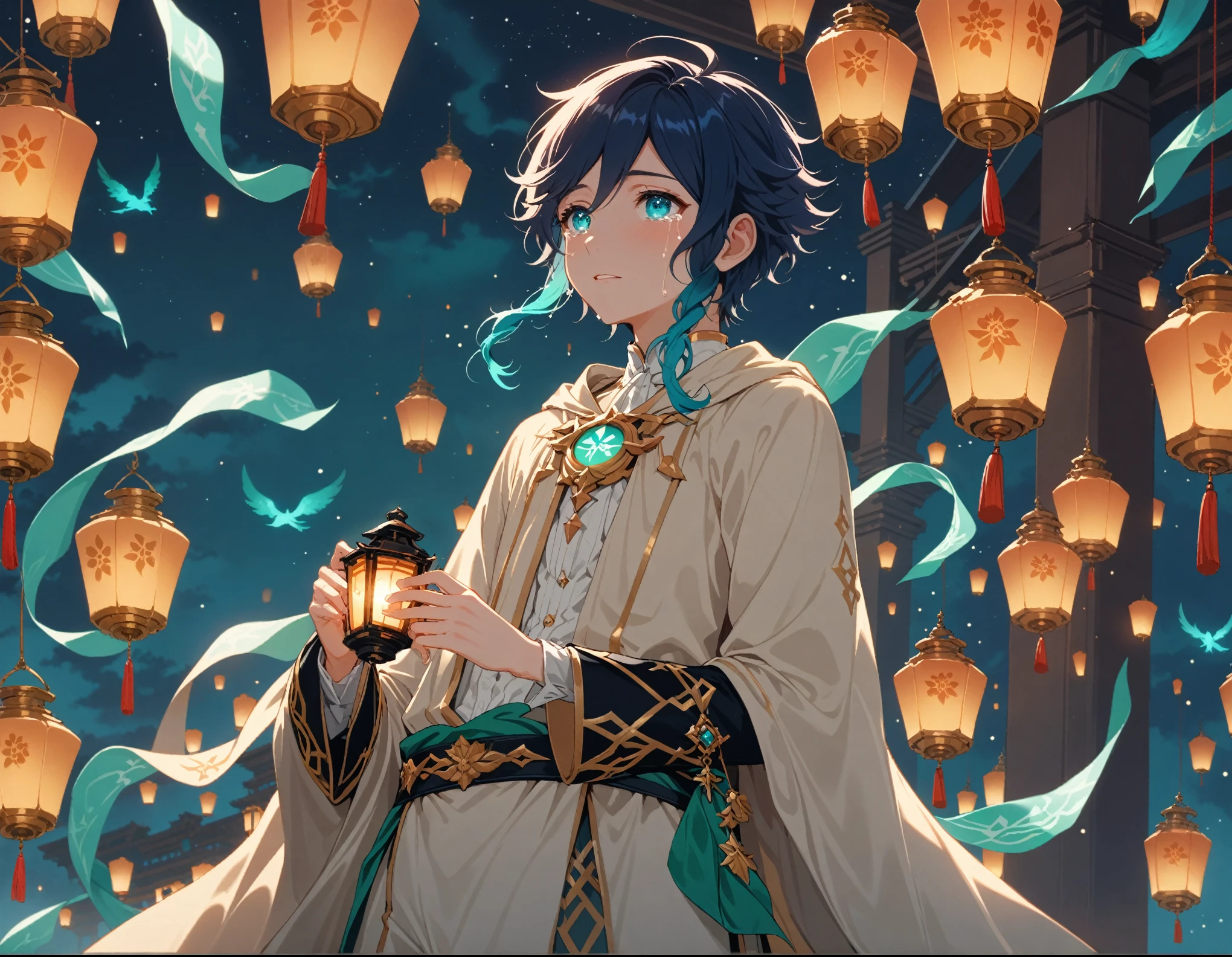 (masterpiece), best quality, expressive eyes, perfect face, male, eyes closed, tears, crying, parted lips, sad, silk robes, floating lanterns, genshin impact, hires, vivid color, fantasy, celestial, archonventi, venti (genshin impact), flat chest, fantasy china, holding lantern, melancholy, wind, moonlight, looking up, profile shot, 1boy, angelic, solo