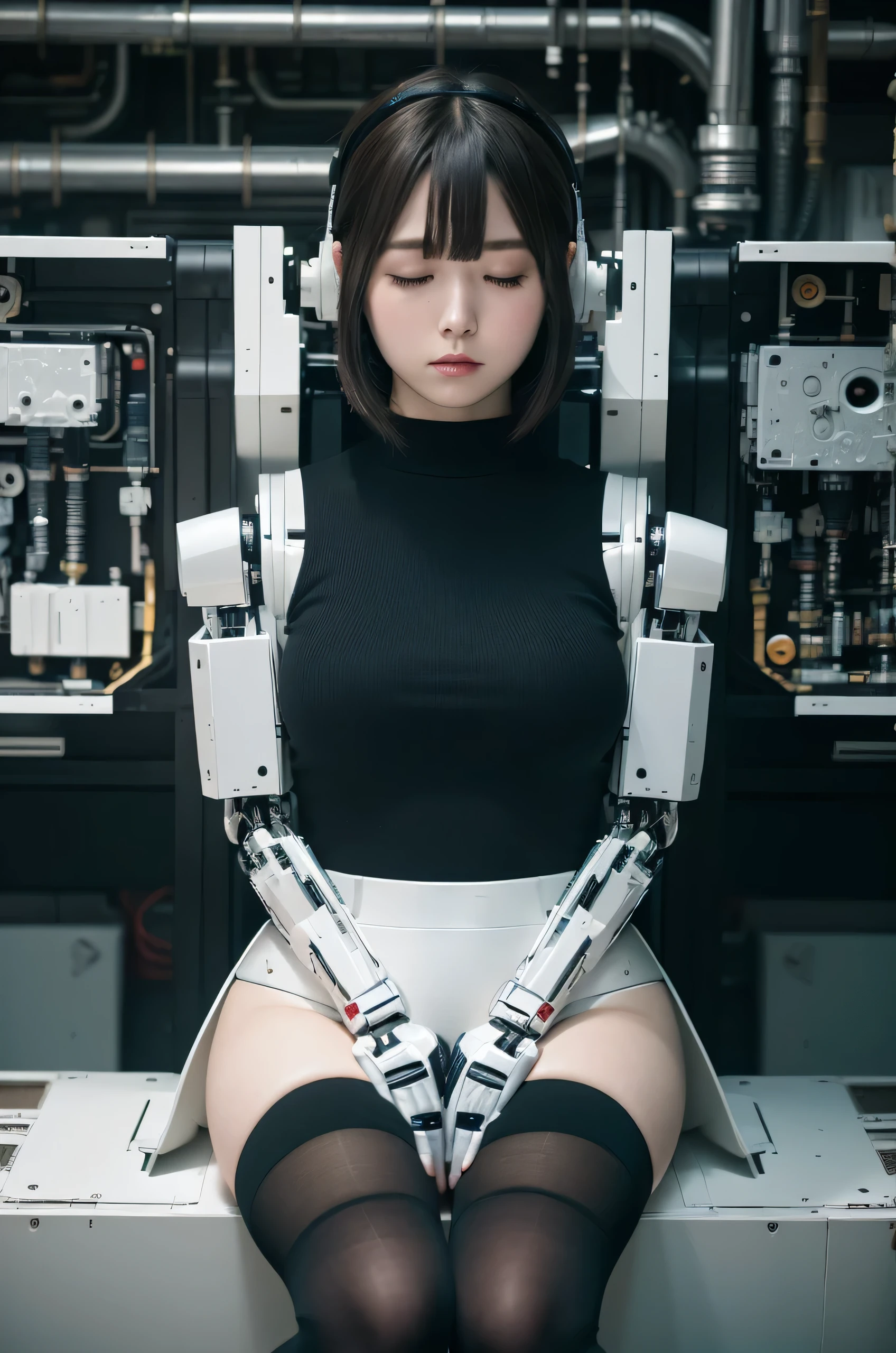 masterpiece, best quality, extremely detailed,8k portrait, Japanese android girl,Plump ,control panels,robot arms,robot,android,cyborg,white robot body,blunt bangs,robot repair plant,black knee high socks,（closing eyes:1.5）（sleep mode:1.5）