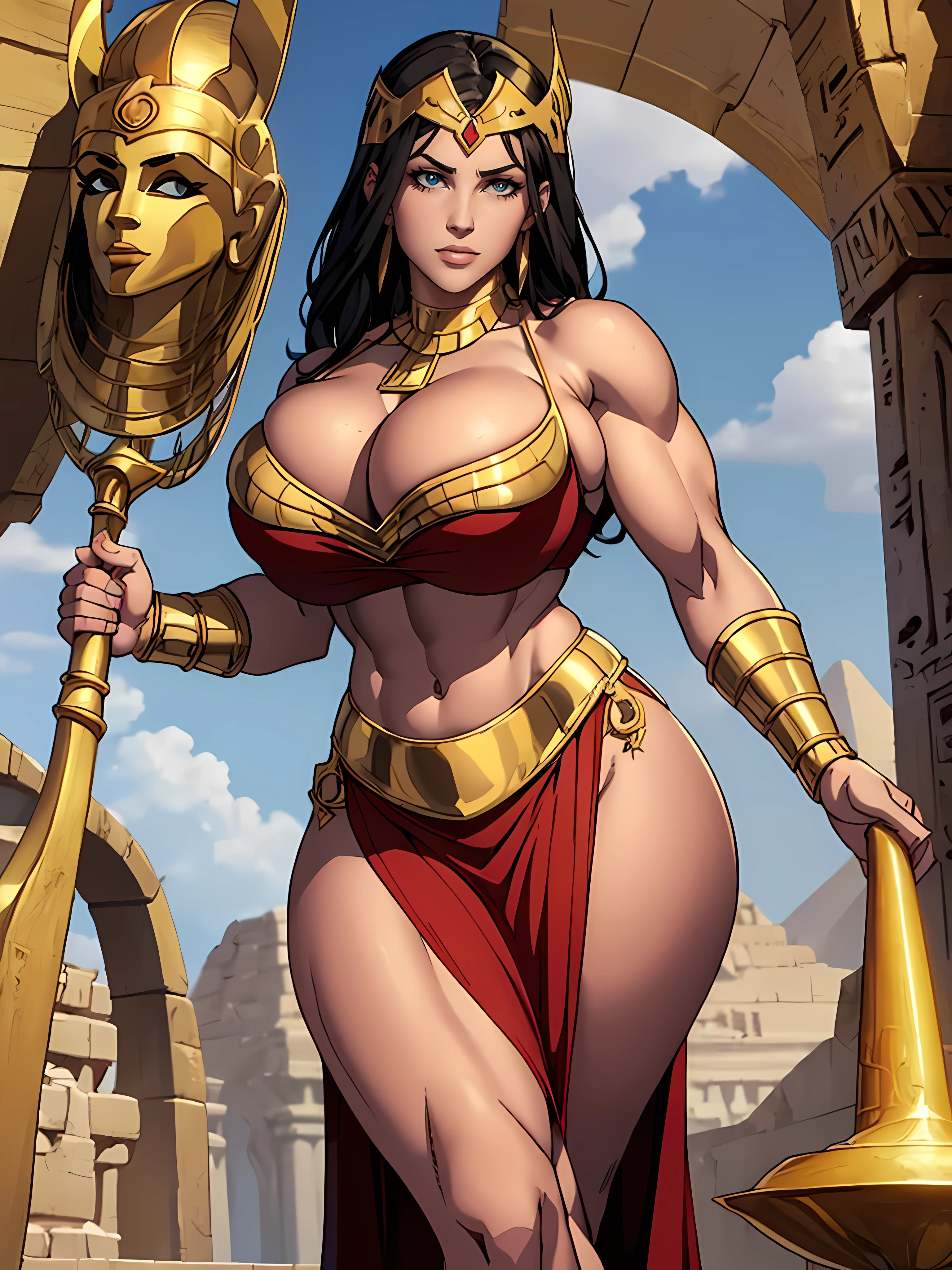 (masterpiece, top quality, best quality, official art, beautiful and aesthetic:1.2), (1girl:1.3),(((Massive Female Bodybuilder:1.4))), long and straight black hair, tanned skin, extremely detailed, portrait, looking at viewer, solo, (full body:0.6), detailed background, close up, mischievous eyes, (hot summer Egypt theme:1.1), Egyptian magical construct goddess, gold Egyptian mask, gold facemask, (very long neck), pharaoh crown, mummy mask, Persian nose, bold nose, long nose, arched nose, downturned nose, large nose, black stone skin, onyx, charlatan, smirk, mysterious, walking in desert, revealing white and gold Egyptian silks, {cobra headdress}, white short skirts, ((draped halter top), criss cross halter top, criss-cross halter top, criss cross straps, criss-cross straps), jewelry, white fabric, gold jewelry, precious stones, dual sickle swords, ((((gigantic breasts, cleavage, skindentation)))), slim waist, slim hips, long legs, ancient (Egyptian temple exterior:1.1) background, dark mysterious lighting, shadows, magical atmosphere, dutch angle,