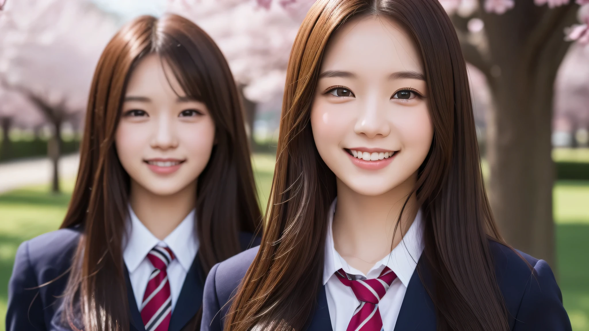 1girl, (long hair), cute smile, brown eyes, (highly detailed Beautiful face), (high school uniform:1.2), (Best Quality), (extremely detailed CG unified 8k wallpaper), Highly detailed, High-definition raw color photos, Professional Photography, Realistic portrait, evening, Extremely high resolution, smiling, cherry blossoms,