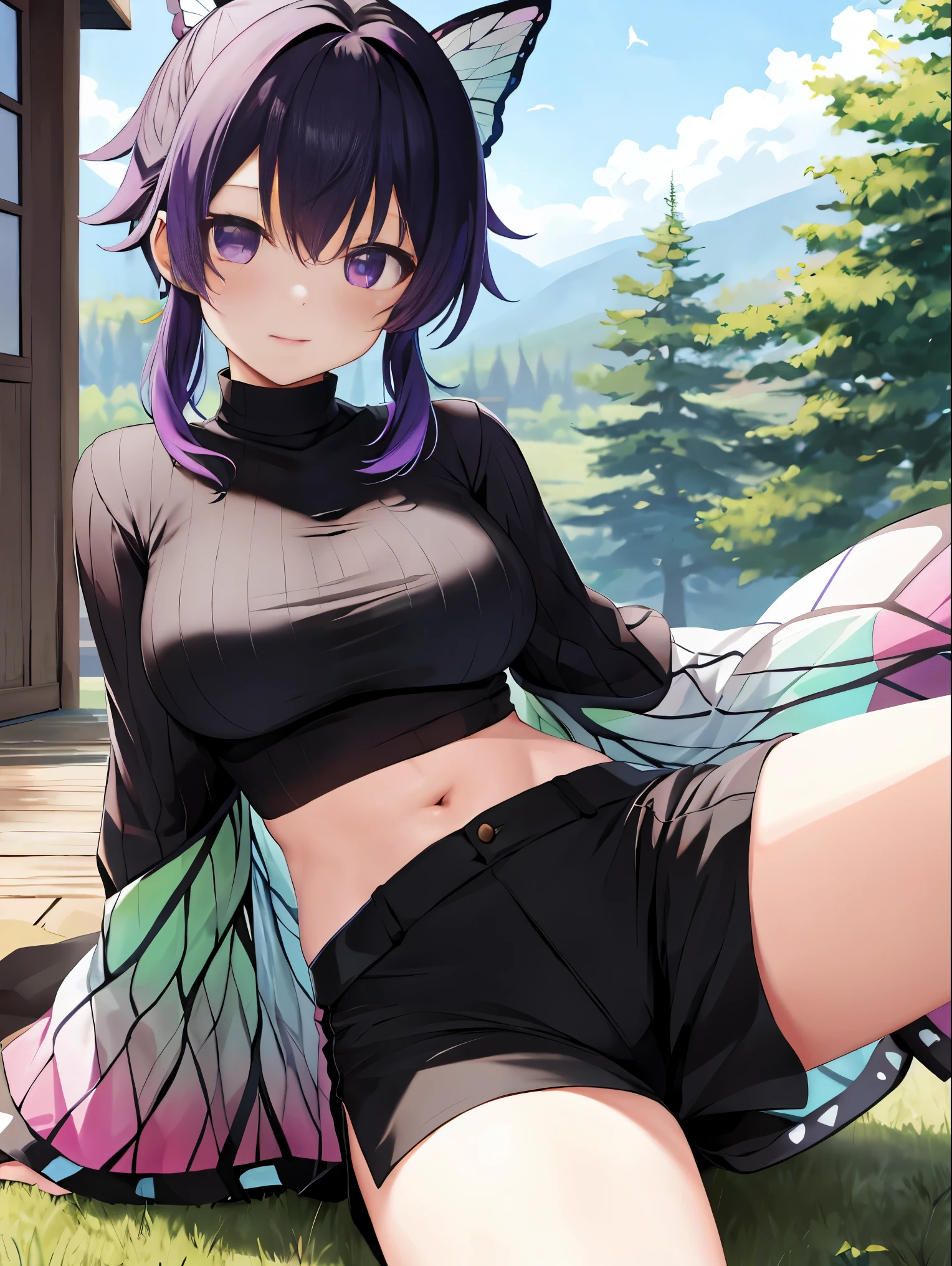 masutepiece, Best Quality, hight resolution, 1girl in, solo, kochou shinobu, Decorate your hair with butterflies, violet eyes, Multi-colored hair, Short hair, Parted bangs, Short shorts, open one's legs, Skirt, Turtleneck Top, Navel Ejection, outside of house, Erotica, large full breasts, Sateen, show through, Black pants