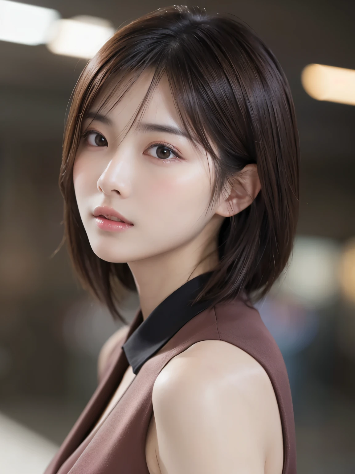 table top, highest quality, realistic, Super detailed, finely, High resolution, 8k wallpaper, cinematic lighting、1 person、beautiful japanese woman、30 years old、light brown straight bob hair, wearing a business suit, (blurred background、station platform、noon、sun light)、sharp focus, perfect dynamic composition, narrow eyes:1.5, detailed and beautiful eyes, fine hair, Detailed and realistic skin texture, ((Sweat, blush, open your mouth:1.3)), (head tilt), close-up portrait, model body shape