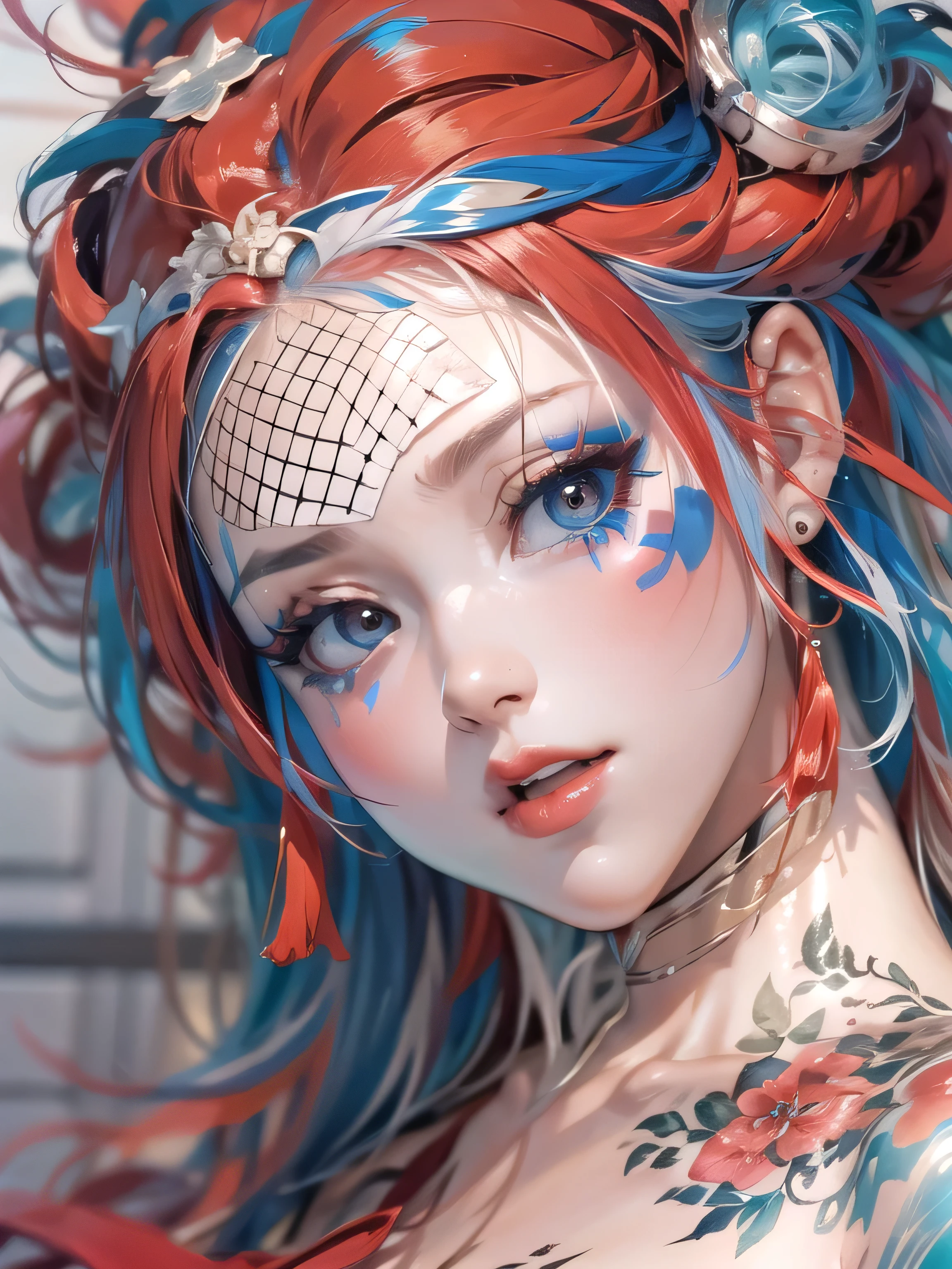 (photorealistic:1.8, highest quality:1.8,8K masterpiece:1.8,High resolution,muste piece:1.8,RAW Photos,cinematic lighting),No split screen, (1 android girl:1.3)、Completely naked、full body tattoo、beautiful big breasts、choker、Nipple piercing、kimono、Furisode、beautiful butt,beautiful thighs,plump nipples、Nipples are visible through the costume,cameltoe,Body painting with a pop design drawn all over the body、pop art design、cutting edge fashion、conceptual art、(Beautiful shining red, blue and white hair:1.5)、Impassive