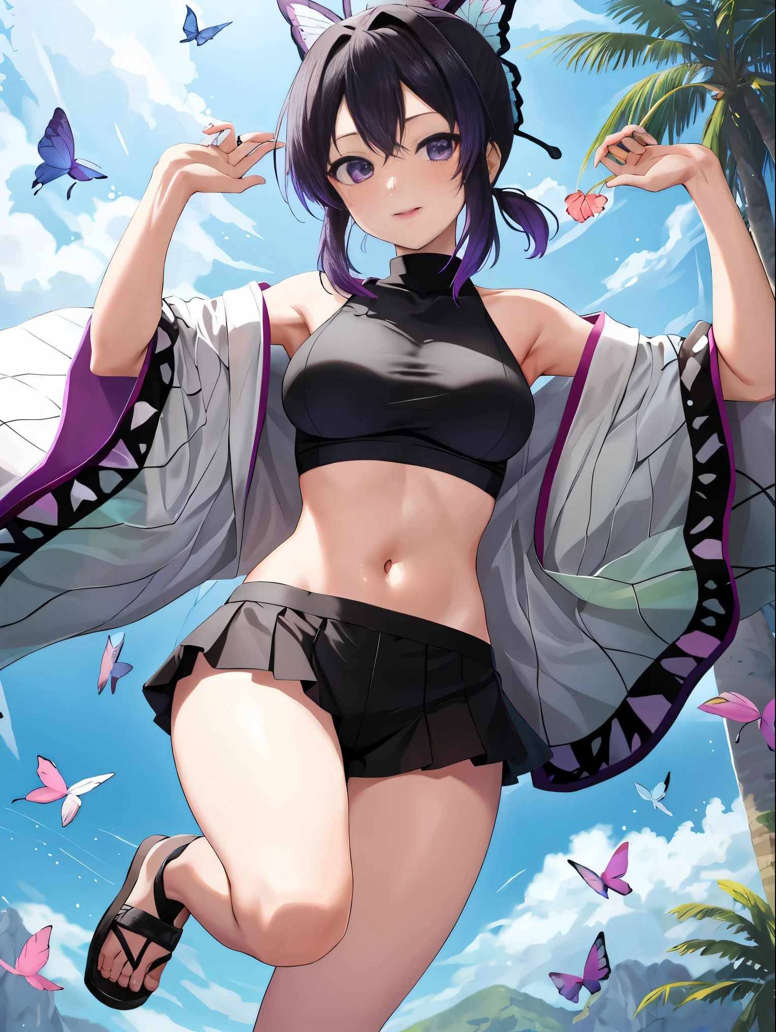 masutepiece, Best Quality, hight resolution, 1girl in, solo, kochou shinobu, Decorate your hair with butterflies, violet eyes, Multi-colored hair, Short hair, Parted bangs, Short shorts, open one's legs, Skirt, Turtleneck Top, Navel Ejection, outside of house, Erotica, large full breasts, Sateen, show through, Black pants