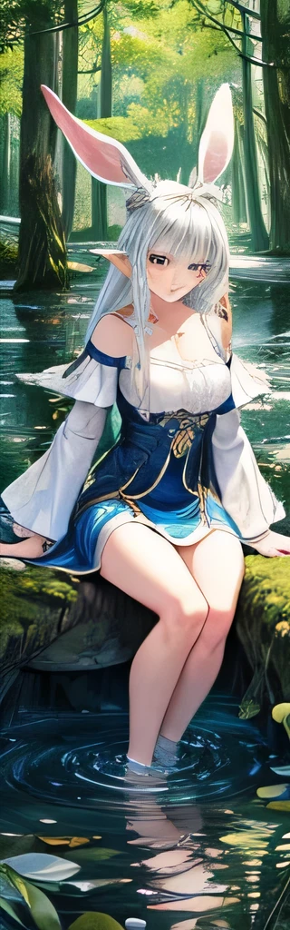 (masterpiece, top quality, best quality, official art, beautiful and aesthetic:1.2), (1girl), extreme detailed,(fractal art:1.3),colorful,highest detailed ,1 girl ,Elf , sitting in water,  white long hare , blue hughlight, beautiful face , detaled face , detaled eyes , ultra detail , natural shadows, semethrical body , close up , masterpiece , cleaning her legs , no clothes , pose, bath, forest, clean water , natur , 