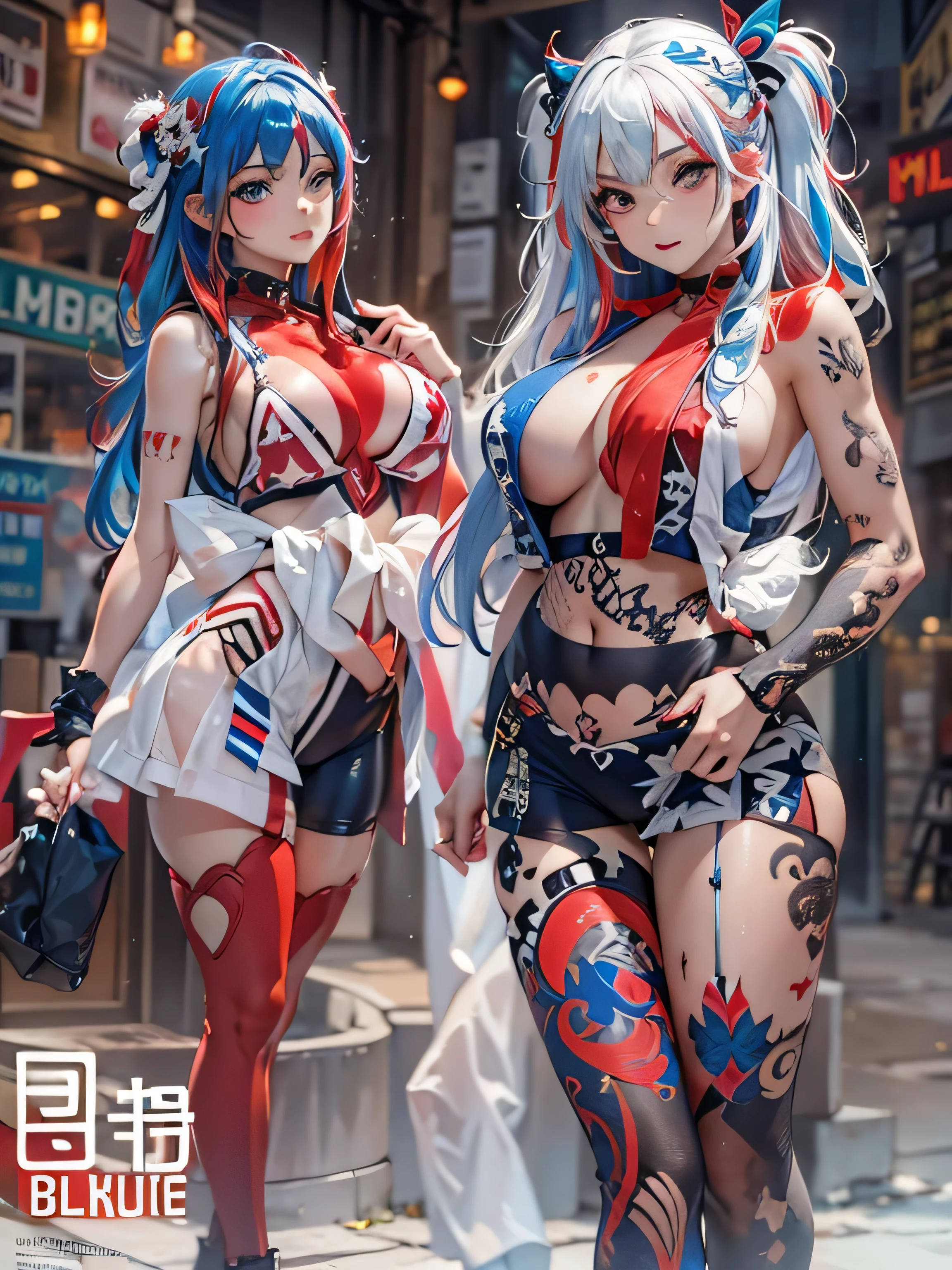 (photorealistic:1.8, highest quality:1.8,8K masterpiece:1.8,High resolution,muste piece:1.8,RAW Photos,cinematic lighting),No split screen, (1 android girl:1.3)、Completely naked、full body tattoo、beautiful big breasts、choker、Nipple piercing、kimono、Furisode、beautiful butt,beautiful thighs,plump nipples、Nipples are visible through the costume,cameltoe,Body painting with a pop design drawn all over the body、pop art design、cutting edge fashion、conceptual art、(Beautiful shining red, blue and white hair:1.5)、Impassive