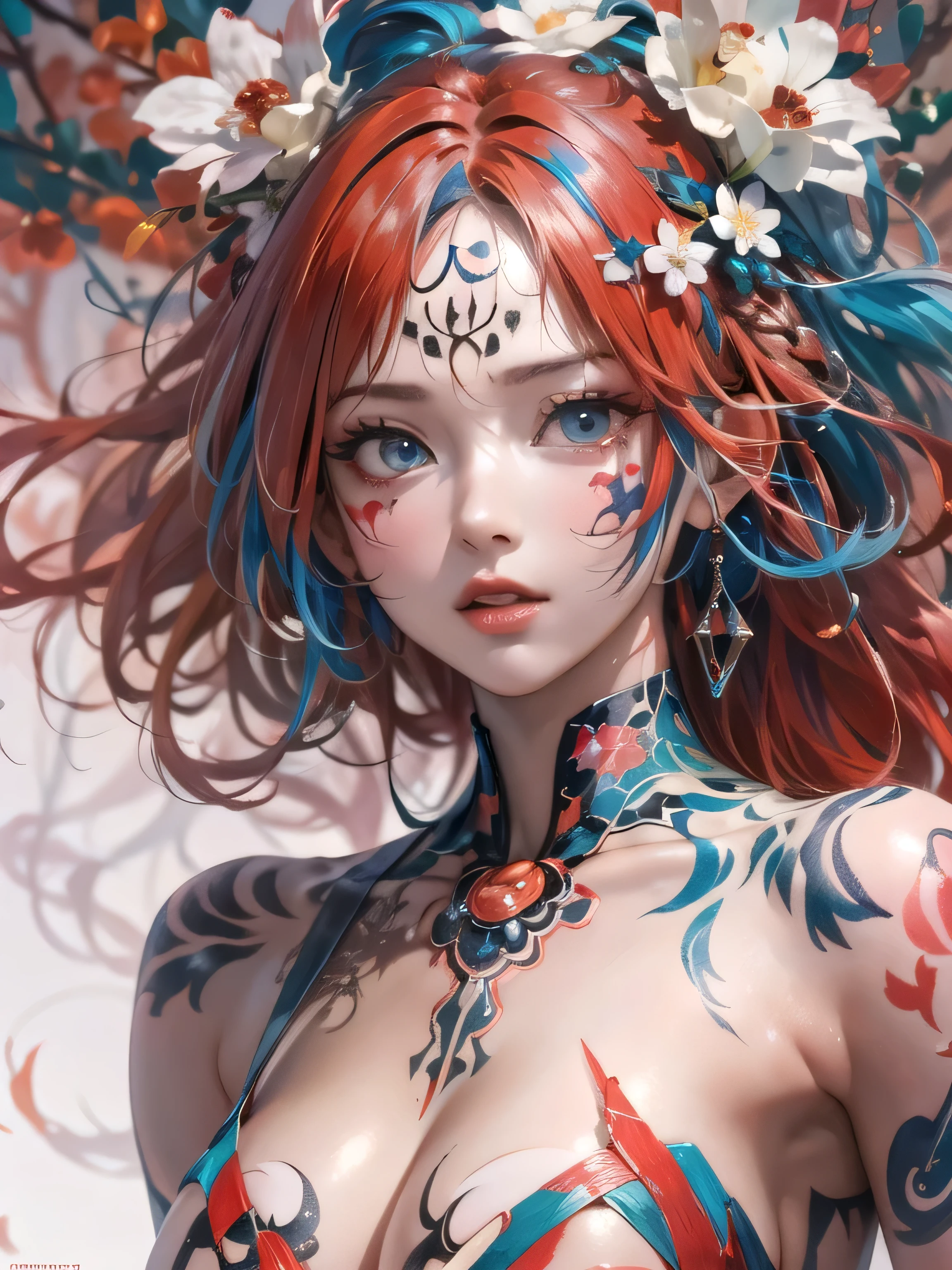 (photorealistic:1.8, highest quality:1.8,8K masterpiece:1.8,High resolution,muste piece:1.8,RAW Photos,cinematic lighting),No split screen, (1 android girl:1.3)、Completely naked、full body tattoo、beautiful big breasts、choker、Nipple piercing、kimono、Furisode、beautiful butt,beautiful thighs,plump nipples、Nipples are visible through the costume,cameltoe,Body painting with a pop design drawn all over the body、pop art design、cutting edge fashion、conceptual art、(Beautiful shining red, blue and white hair:1.5)、Impassive