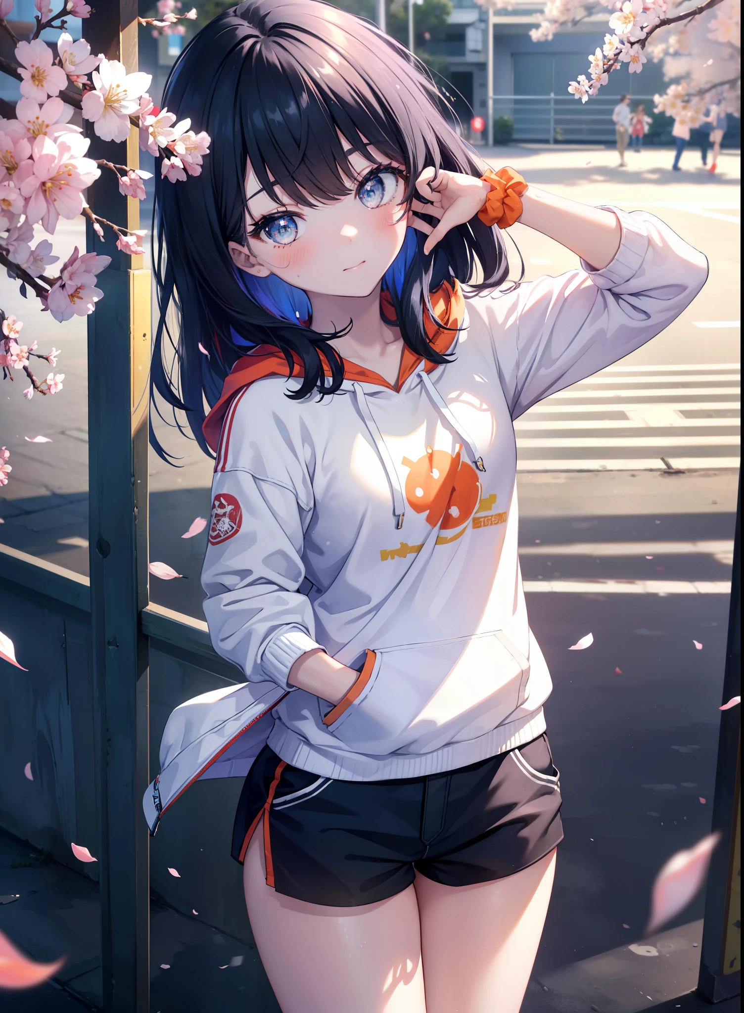 It's a good body, rikka takarada, black hair, blue eyes, long hair, orange Scrunchie, Scrunchie, wrist Scrunchie,smile,blush,open your mouth,red oversized hoodie,white t-shirt,shorts,black stockings,short boots,morning,morning日,the sun is rising,cherry blossoms are blooming,Cherry blossoms are scattered,
break outdoors, In town,residential street,
break looking at viewer, (cowboy shot:1.5),
break (masterpiece:1.2), highest quality, High resolution, unity 8k wallpaper, (figure:0.8), (detailed and beautiful eyes:1.6), highly detailed face, perfect lighting, Very detailed CG, (perfect hands, perfect anatomy),
