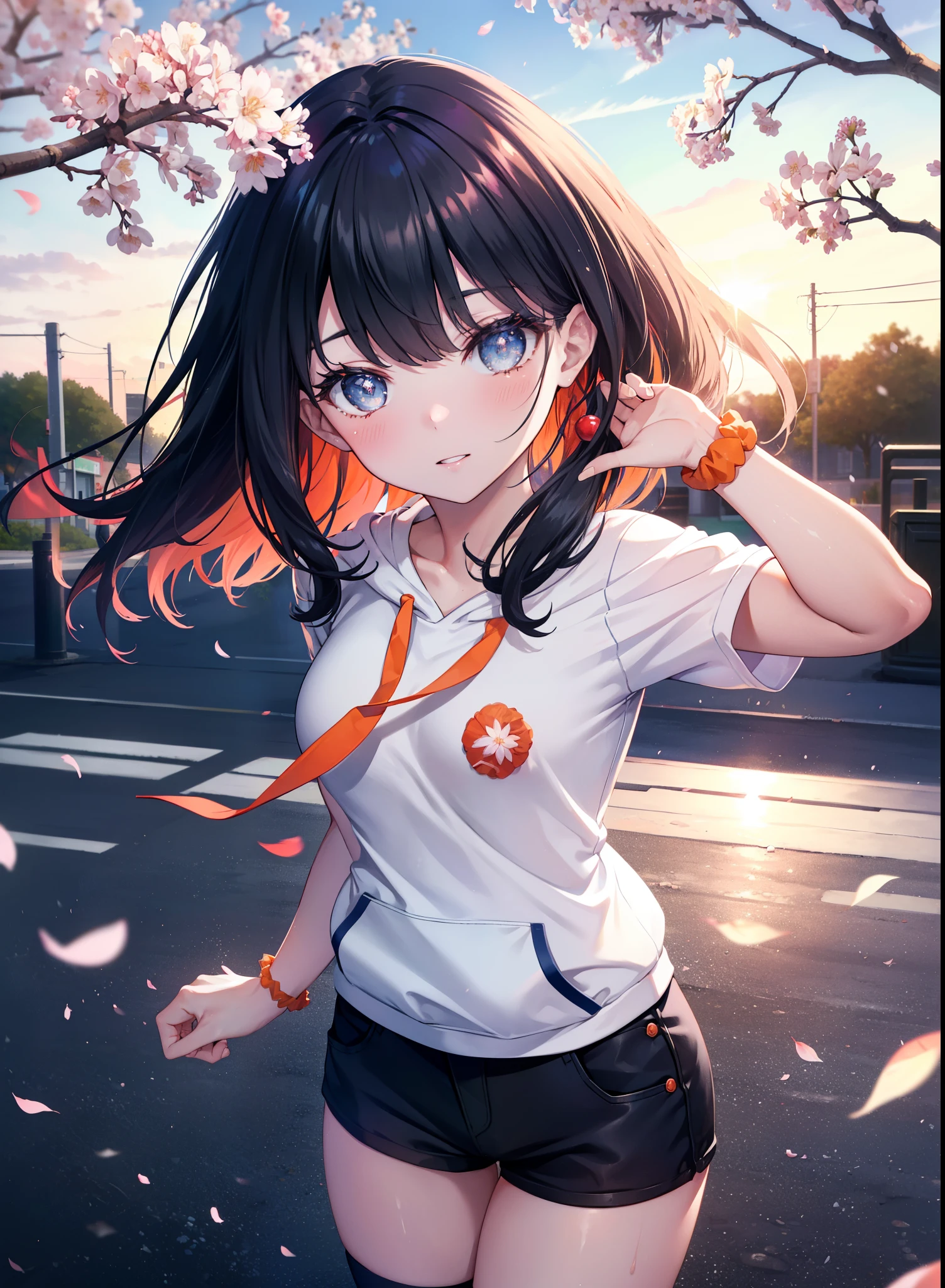 It's a good body, rikka takarada, black hair, blue eyes, long hair, orange Scrunchie, Scrunchie, wrist Scrunchie,smile,blush,open your mouth,red oversized hoodie,white t-shirt,shorts,black stockings,short boots,morning,morning日,the sun is rising,cherry blossoms are blooming,Cherry blossoms are scattered,
break outdoors, In town,residential street,
break looking at viewer, (cowboy shot:1.5),
break (masterpiece:1.2), highest quality, High resolution, unity 8k wallpaper, (figure:0.8), (detailed and beautiful eyes:1.6), highly detailed face, perfect lighting, Very detailed CG, (perfect hands, perfect anatomy),