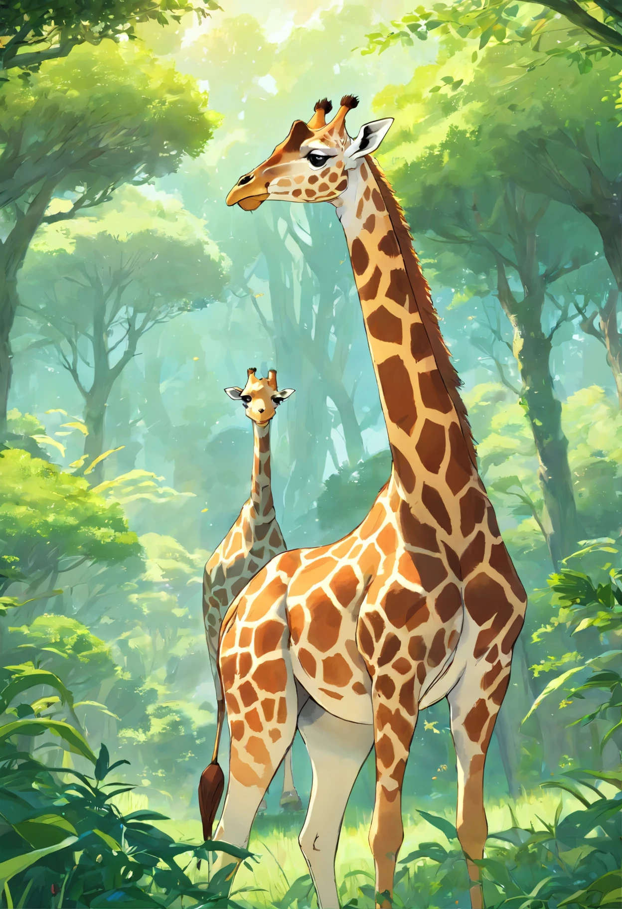 a tall giraffe in a grassy savannah, detailed spots and patterns on its body, vibrant orange and brown color scheme, realistic anatomy and proportions, lush and green vegetation, warm sunlight casting dramatic shadows, a sense of depth and perspective, ultra-detailed fur texture, a graceful and elegant posture of the giraffe, realistic eyes and long eyelashes