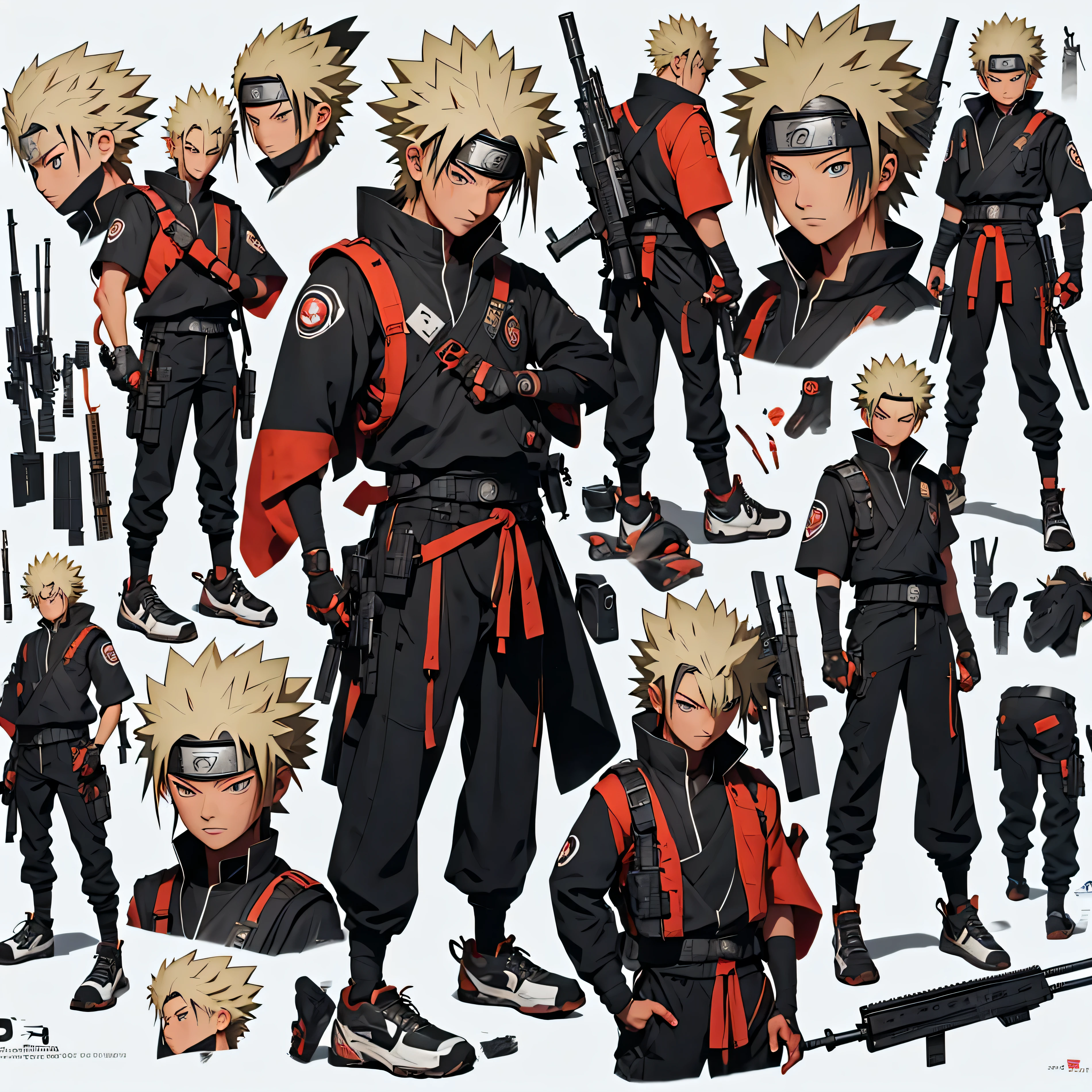 Draw Naruto wearing a speciql force uniform, coveringeverywhere except his head, holding an assault rifle, getting ready for war. Include his hokage logo