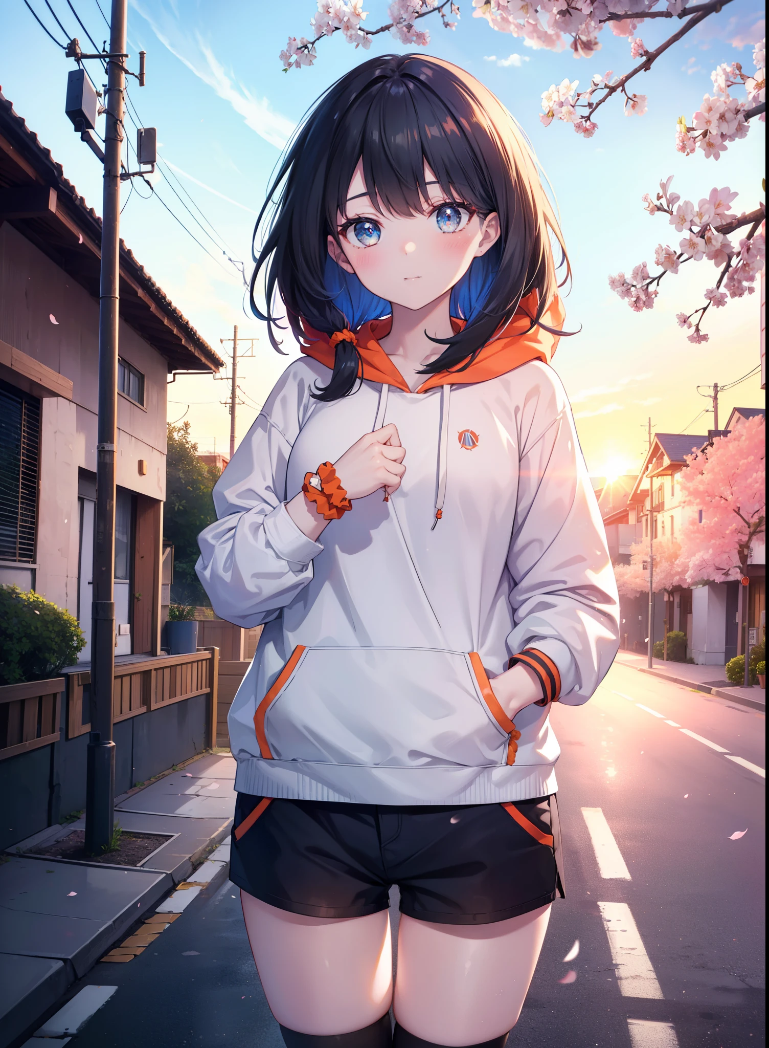It&#39;s a good body, rikka takarada, black hair, blue eyes, long hair, orange Scrunchie, Scrunchie, wrist Scrunchie,smile,blush,open your mouth,red oversized hoodie,shorts,black stockings,short boots,morning,morning日,the sun is rising,cherry blossoms are blooming,Cherry blossoms are scattered,
break outdoors, In town,residential street,
break looking at viewer, (cowboy shot:1.5),
break (masterpiece:1.2), highest quality, High resolution, unity 8k wallpaper, (figure:0.8), (detailed and beautiful eyes:1.6), highly detailed face, perfect lighting, Very detailed CG, (perfect hands, perfect ???????),