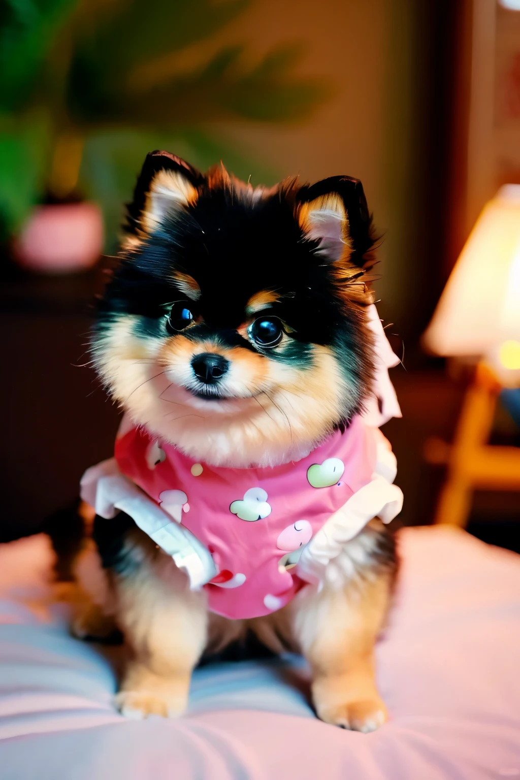 dog sitting on a white chair wearing super man shirt, pomeranian, cute dog, pomeranian mix, kawaii cute dog, she has a cute expressive face, cute dog, small dog, bella, japanese dog, beautiful cute, cute animal, wearing pajamas, cute boy, wearing a cute top, poofy, puppy solo focus, depth of field, blurry background, (realistic:1.3) ultra-realistic, ((highly detailed)), depth of field, ((professionally color graded)), soft ambient lighting, dusk, (Best quality, A high resolution, Photorealistic, primitive, 8K,Masterpiece), filmgrain, bokeh:1.2, Lens flare, (vivid colour:1.2)