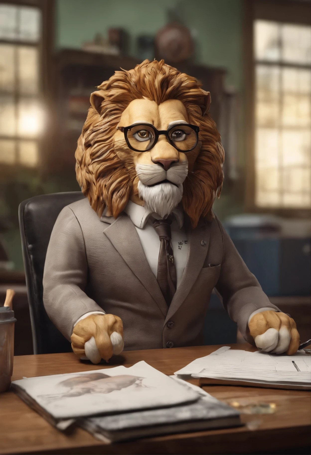 3D lion caricature wearing suit and glasses, placed in his office room, light lamb on the fence, some papers on the table