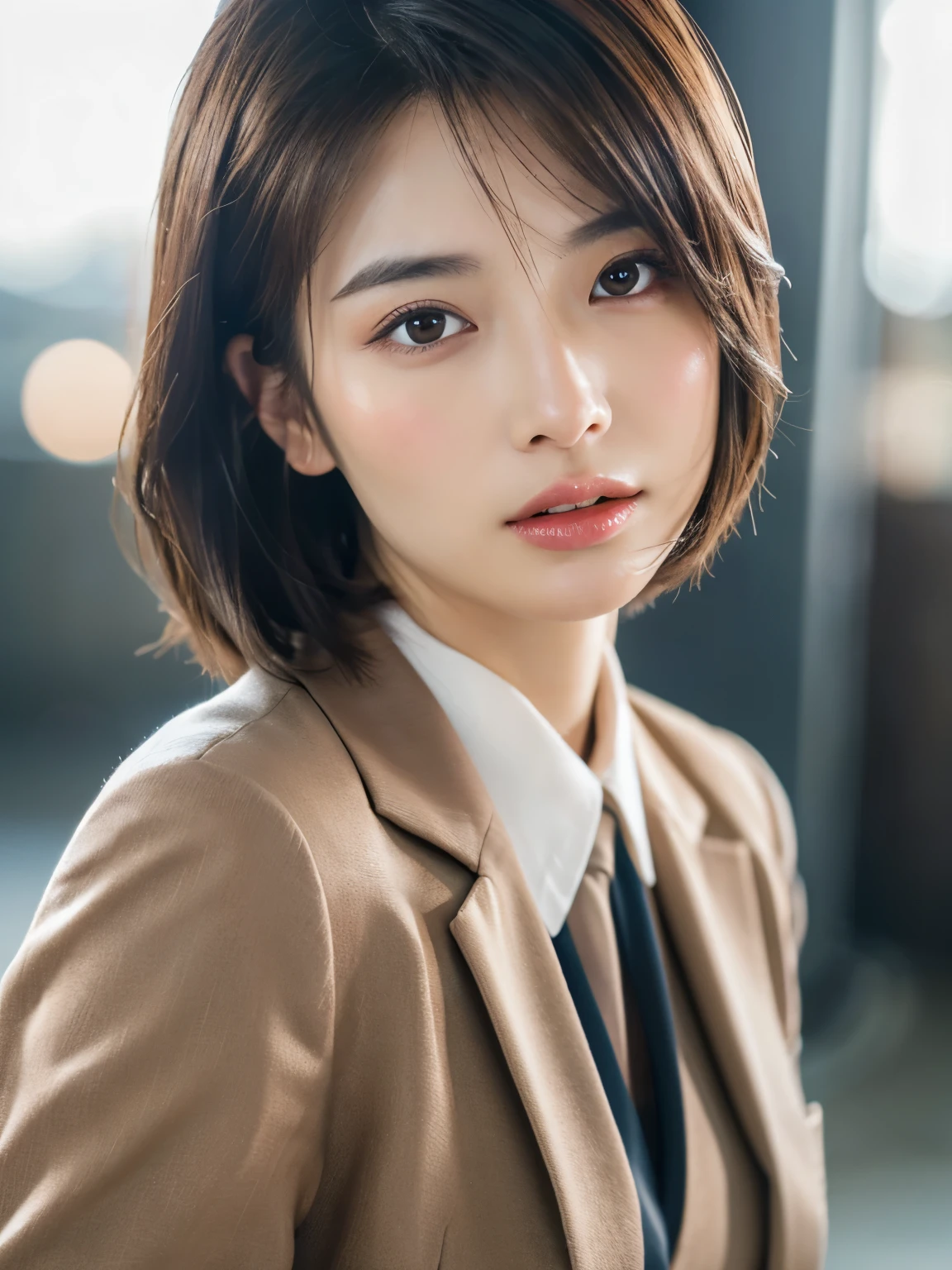 table top, highest quality, realistic, Super detailed, finely, High resolution, 8k wallpaper, cinematic lighting、1 person、beautiful japanese woman、30 years old、light brown straight bob hair, wearing a business suit, (blurred background、station platform、noon、sun light)、sharp focus, perfect dynamic composition, narrow eyes:1.5, detailed and beautiful eyes, fine hair, Detailed and realistic skin texture, ((Sweat, blush, open your mouth:1.3)), (head tilt), close-up portrait, model body shape
