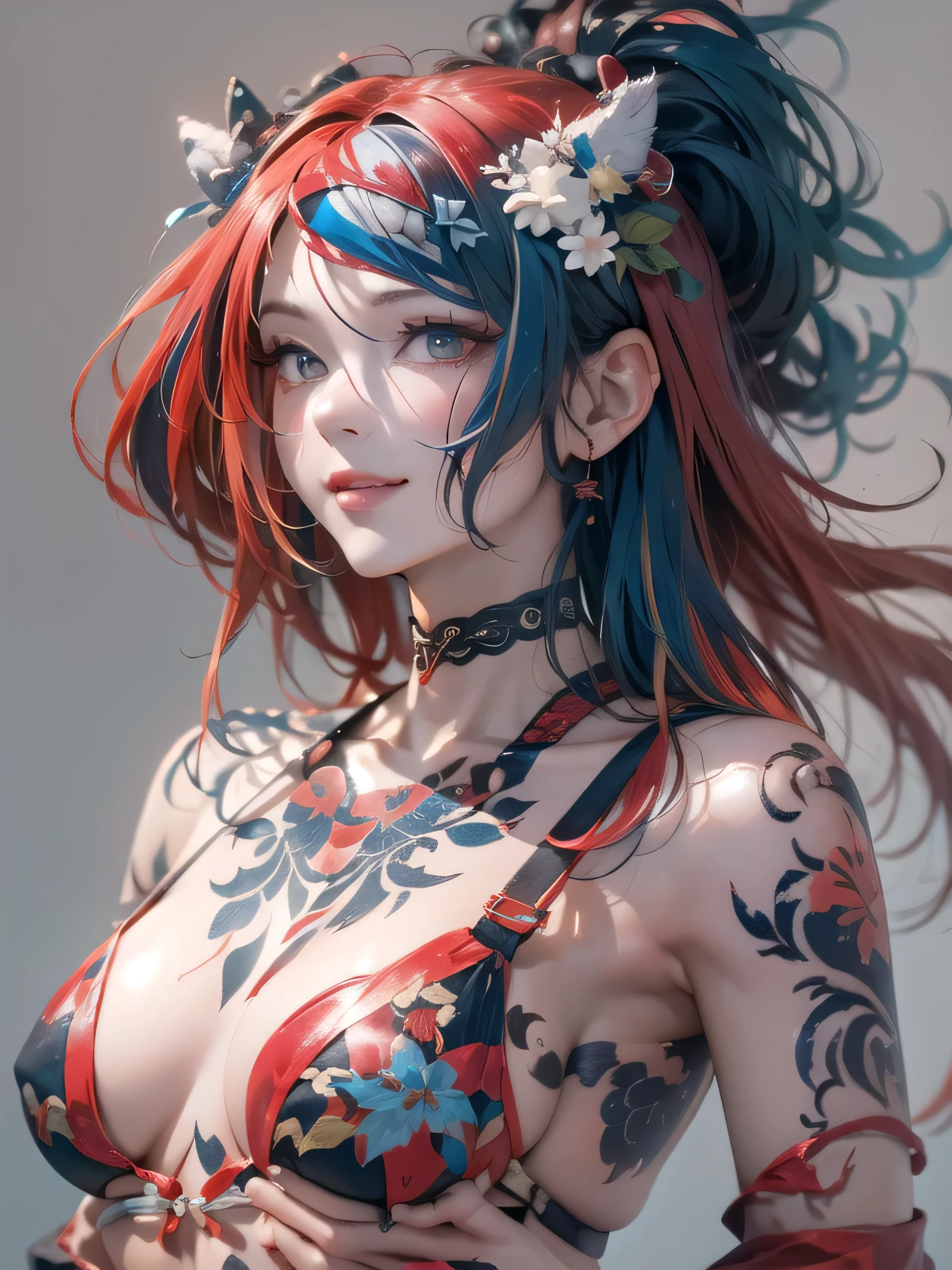(photorealistic:1.8, highest quality:1.8,8K masterpiece:1.8,High resolution,muste piece:1.8,RAW Photos,cinematic lighting),No split screen, (1 android girl:1.3)、Completely naked、full body tattoo、choker、(Moderate chest:1.3)、Nipple piercing、kimono、Furisode、beautiful butt,beautiful thighs,plump nipples、Nipples are visible through the costume,cameltoe,Body painting with a pop design drawn all over the body、pop art design、cutting edge fashion、conceptual art、(Beautiful shining red, blue, black and white hair:1.5)、Shy Smile