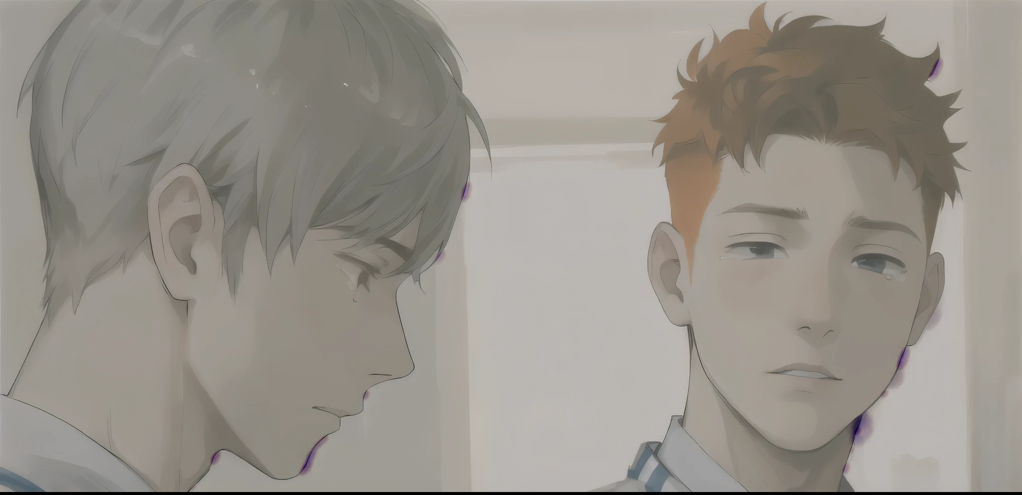 There are two boys, one with a sad profile with tears and the other looking at him and orange hair, they are 16 years old.