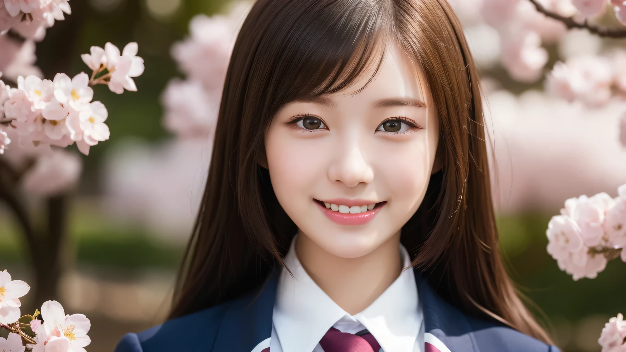 1girl, (long hair), cute smile, brown eyes, (highly detailed Beautiful face), (high school uniform:1.2), (Best Quality), (extremely detailed CG unified 8k wallpaper), Highly detailed, High-definition raw color photos, Professional Photography, Realistic portrait, evening, Extremely high resolution, smiling, cherry blossoms,