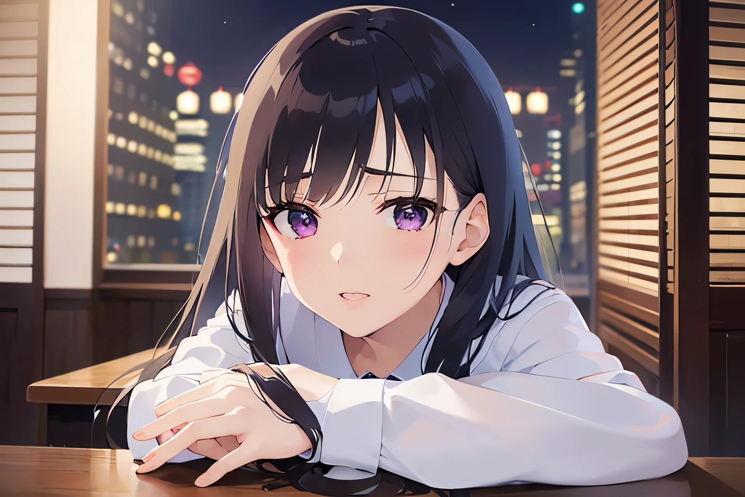 Upper Body, Realistic, real person, (pale skin: 1.2), RAW photo, photorealistic, portrait photography, shiny skin, japanese idol、shiny hair、(25 year old woman with straight medium hair with bangs) and (black hair) and (purple eyes) , (closed eyes:1.2), (white collared shirt) and (long sleeve) 、(sleepy:1.2), The background is the office room at night.、illumination、Alone、table