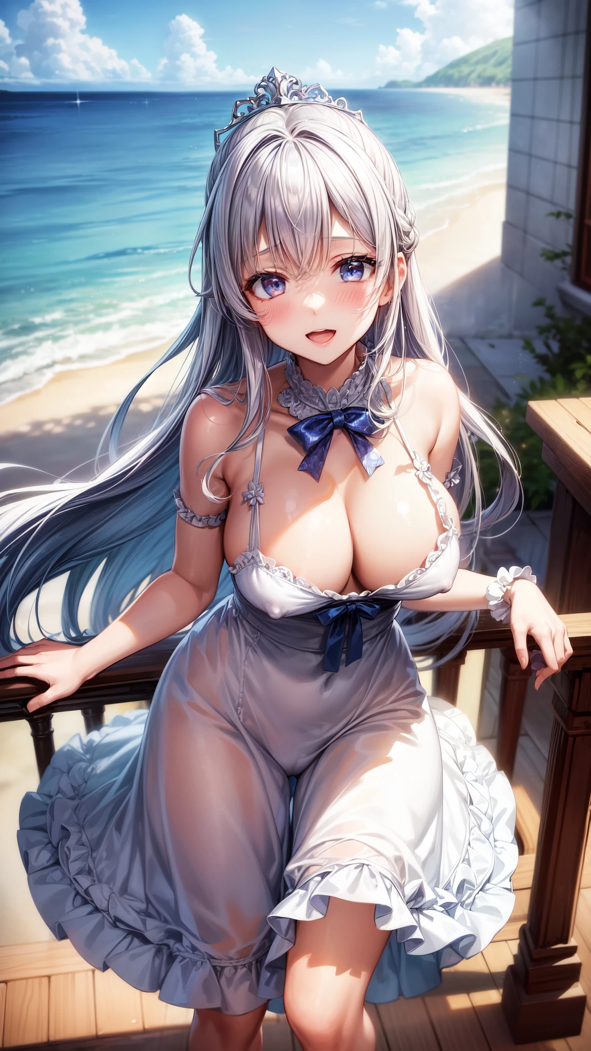 (Ultra-high resolution of the highest quality, masutepiece, Best Quality, 8K, Super Detail, Best Quality:1.3), 1 girl, large breasts, (slender body), drooping eyes, blush cheek, long hair, silver hair, smile, blue eyes, ribbons in hair, large frilled white ballgown, underbust, tiara, blue sky, Europe castle, balcony, front view, sunshine, beautiful hair, cute face, cool, (orgasm face), (erect nipples), (clothed)
