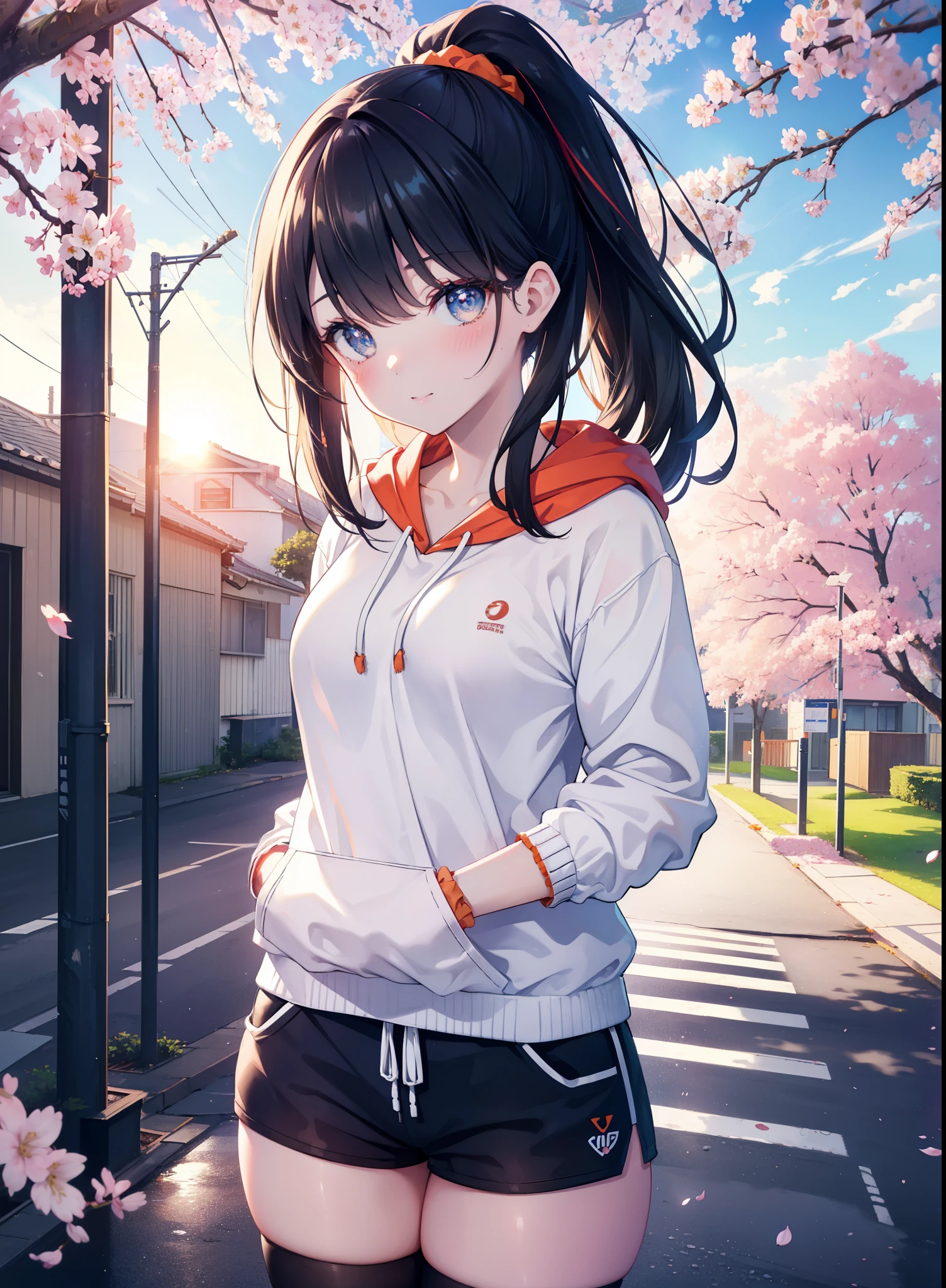 It&#39;s a good body, rikka takarada, black hair, blue eyes, long hair, orange Scrunchie, Scrunchie, wrist Scrunchie,ponytail,smile,blush,open your mouth,oversized red hoodie,shorts,black stockings,short boots,morning,morning日,the sun is rising,cherry blossoms are blooming,Cherry blossoms are scattered,
break outdoors, In town,residential street,
break looking at viewer, (cowboy shot:1.5),
break (masterpiece:1.2), highest quality, High resolution, unity 8k wallpaper, (figure:0.8), (detailed and beautiful eyes:1.6), highly detailed face, perfect lighting, Very detailed CG, (perfect hands, perfect anatomy),