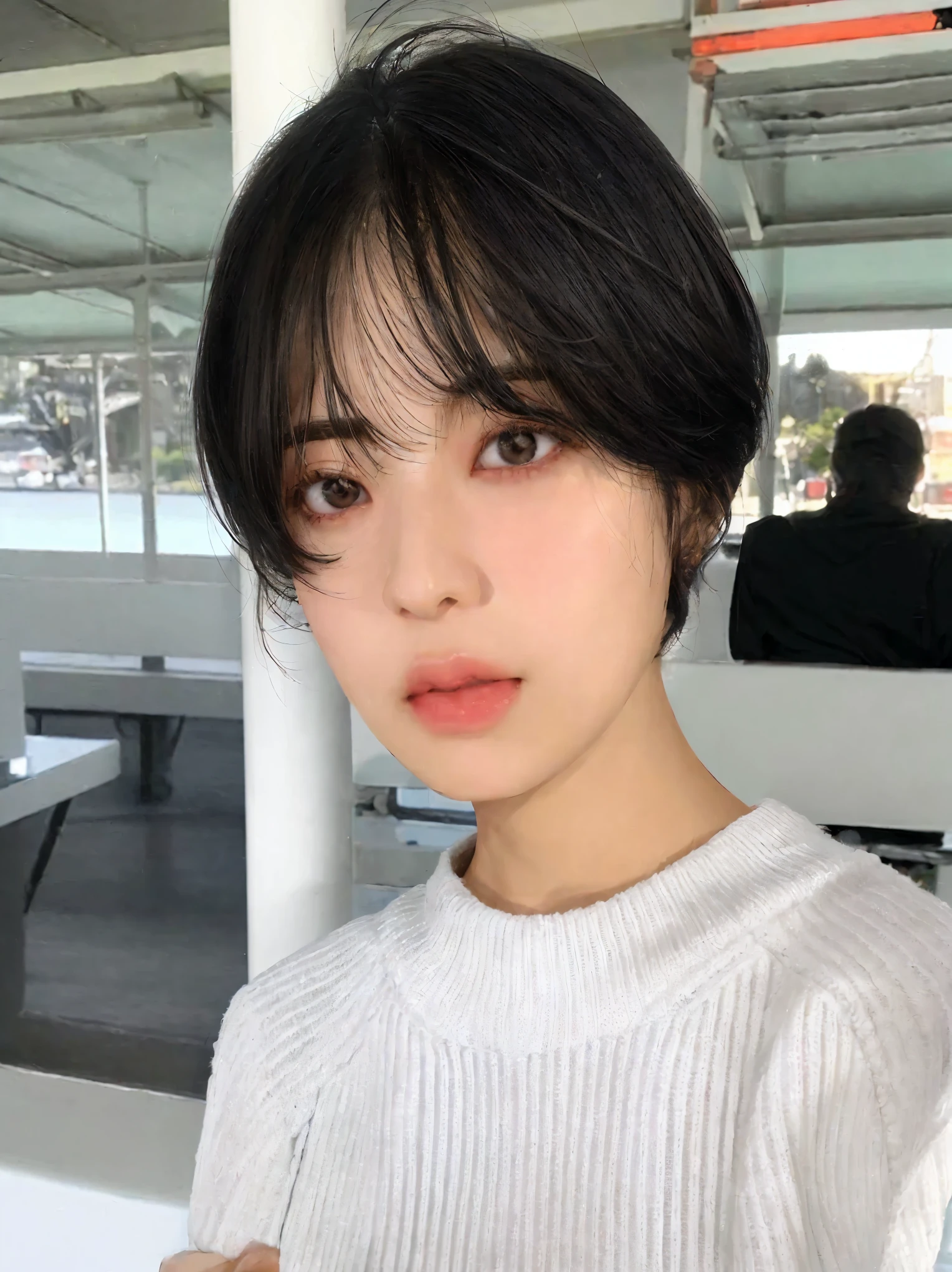 Arafed Asian woman with a white sweater and black hair., con pelo corto, she has black hair con flequillo, con pelo corto con flequillo, ulzzang, con flequillo, korean symmetrical face, joven y adorable rostro coreano, pale korean adorable face, neat hair con flequillo, flequillo esponjoso, con flequillo completo, jinyoung shin, flequillo con raya al centro