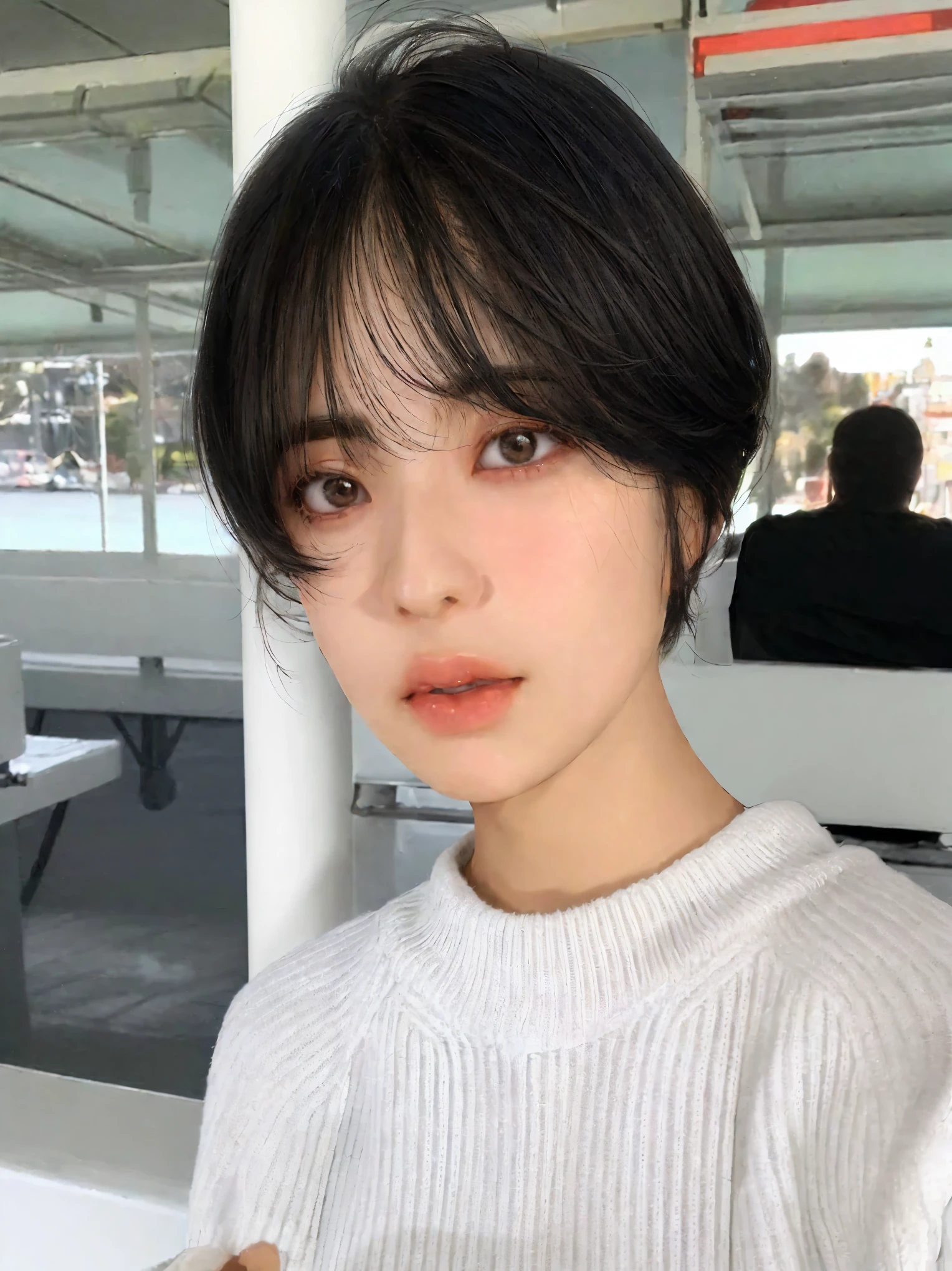 Arafed Asian woman with a white sweater and black hair., con pelo corto, she has black hair con flequillo, con pelo corto con flequillo, ulzzang, con flequillo, korean symmetrical face, joven y adorable rostro coreano, pale korean adorable face, neat hair con flequillo, flequillo esponjoso, con flequillo completo, jinyoung shin, flequillo con raya al centro