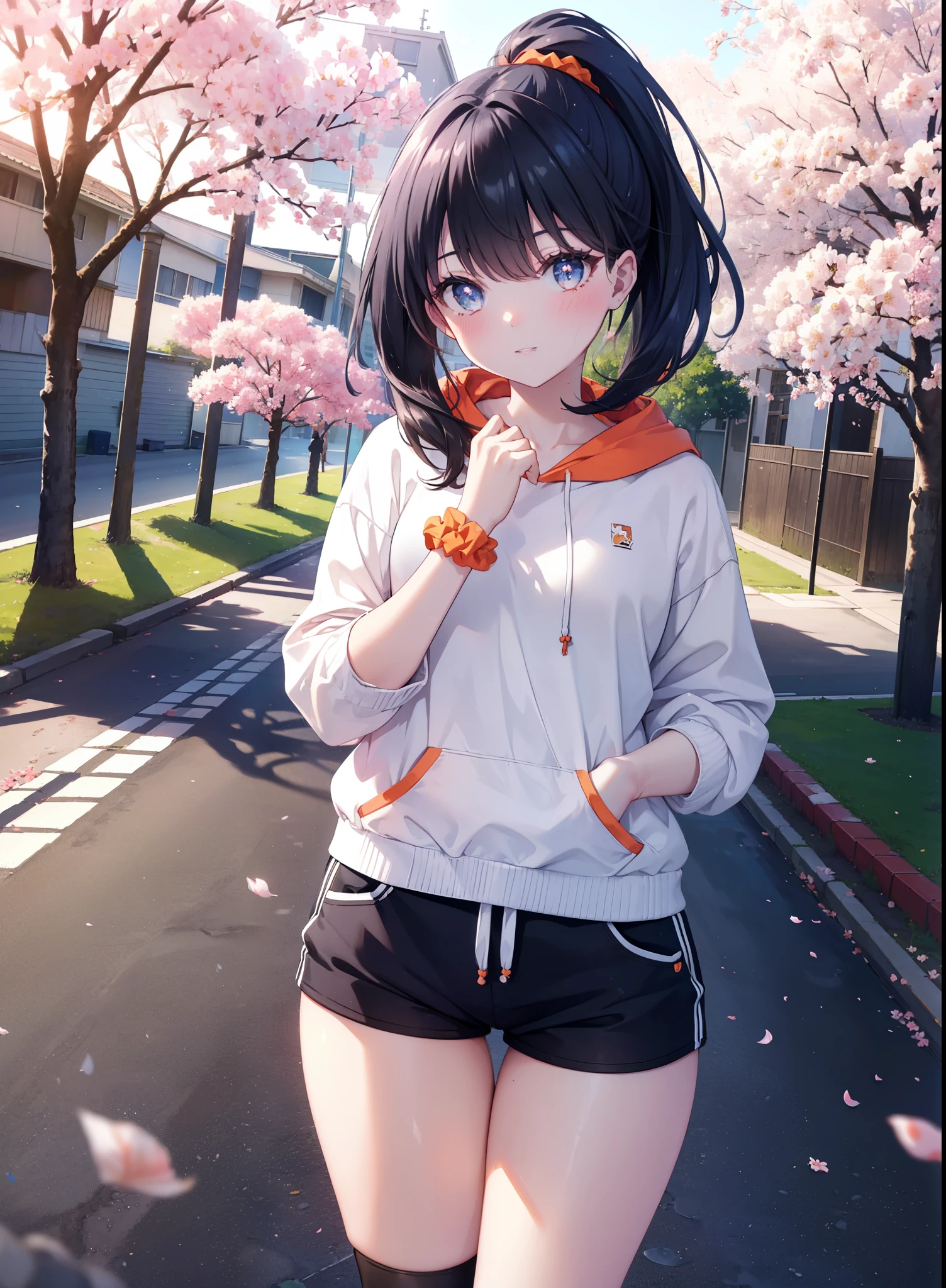 It&#39;s a good body, rikka takarada, black hair, blue eyes, long hair, orange Scrunchie, Scrunchie, wrist Scrunchie,ponytail,smile,blush,open your mouth,oversized red hoodie,shorts,black stockings,short boots,morning,morning日,the sun is rising,cherry blossoms are blooming,Cherry blossoms are scattered,
break outdoors, In town,residential street,
break looking at viewer, (cowboy shot:1.5),
break (masterpiece:1.2), highest quality, High resolution, unity 8k wallpaper, (figure:0.8), (detailed and beautiful eyes:1.6), highly detailed face, perfect lighting, Very detailed CG, (perfect hands, perfect anatomy),