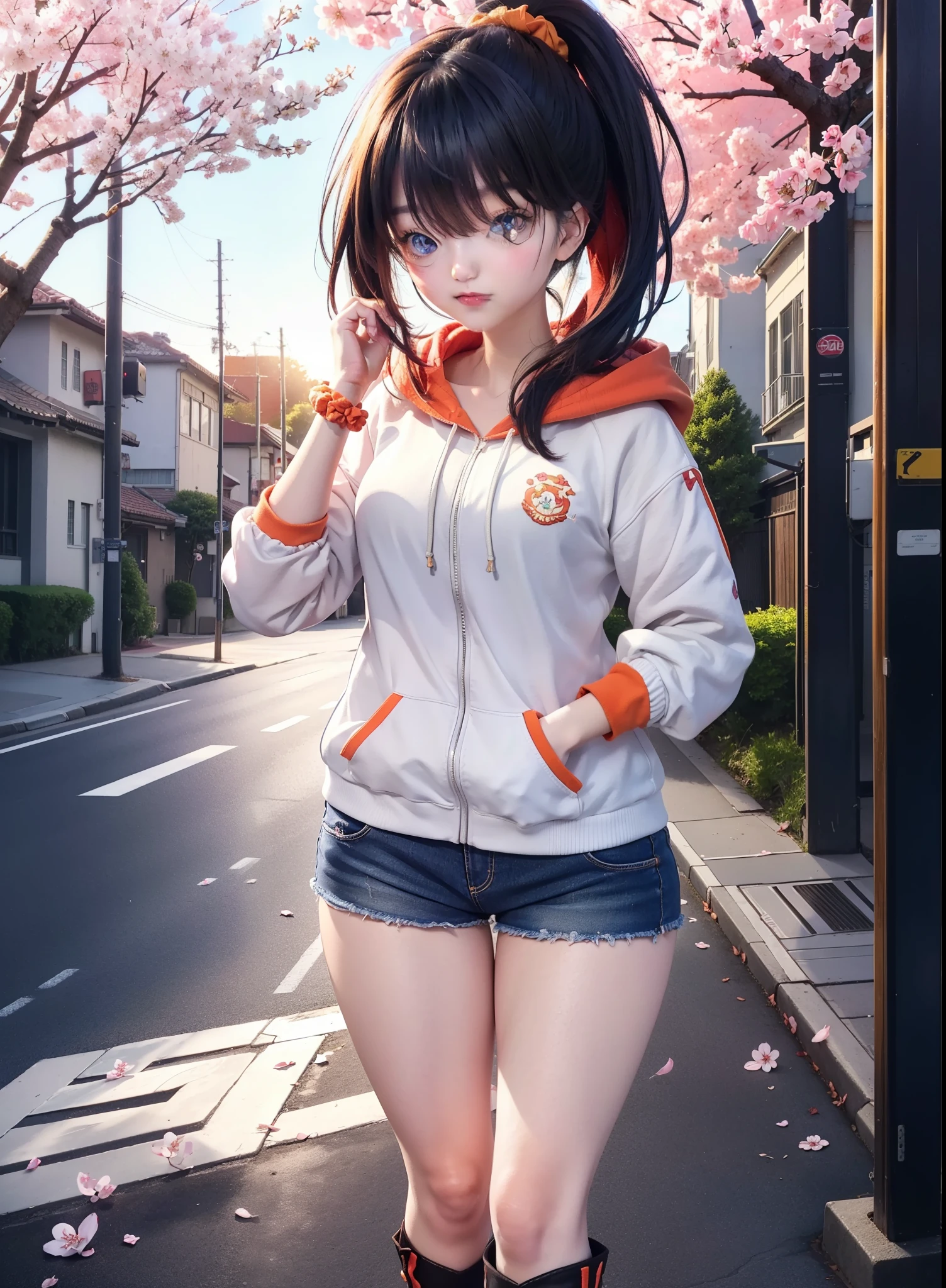 It&#39;s a good body, rikka takarada, black hair, blue eyes, long hair, orange Scrunchie, Scrunchie, wrist Scrunchie,ponytail,smile,blush,open your mouth,oversized red hoodie,shorts,black stockings,short boots,morning,morning日,the sun is rising,cherry blossoms are blooming,Cherry blossoms are scattered,
break outdoors, In town,residential street,
break looking at viewer, (cowboy shot:1.5),
break (masterpiece:1.2), highest quality, High resolution, unity 8k wallpaper, (figure:0.8), (detailed and beautiful eyes:1.6), highly detailed face, perfect lighting, Very detailed CG, (perfect hands, perfect anatomy),