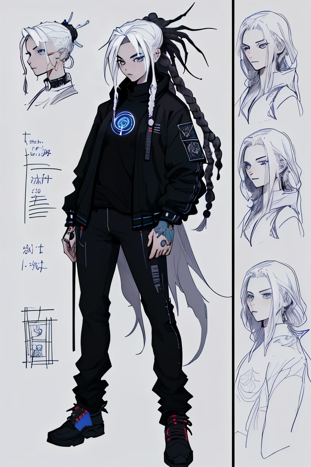 1 girl, ekko arcane hair, dreadlocks, ager, rock jacket, black clothing, white hair, light background, full body, long hair, teen, tribal tattoo, colorful parts, sketchbook, hand drawn hand, witch symbols, dark , bold, realistic sketch, sketch, mixing dark lines and loose lines, bold lines, on paper, turn on character sheet, human woman, blue eyes, full body, imposing pose, lots of details, stylish outfit, symbols, runes , dark theme , black shirt, beautiful, pretty, modest
