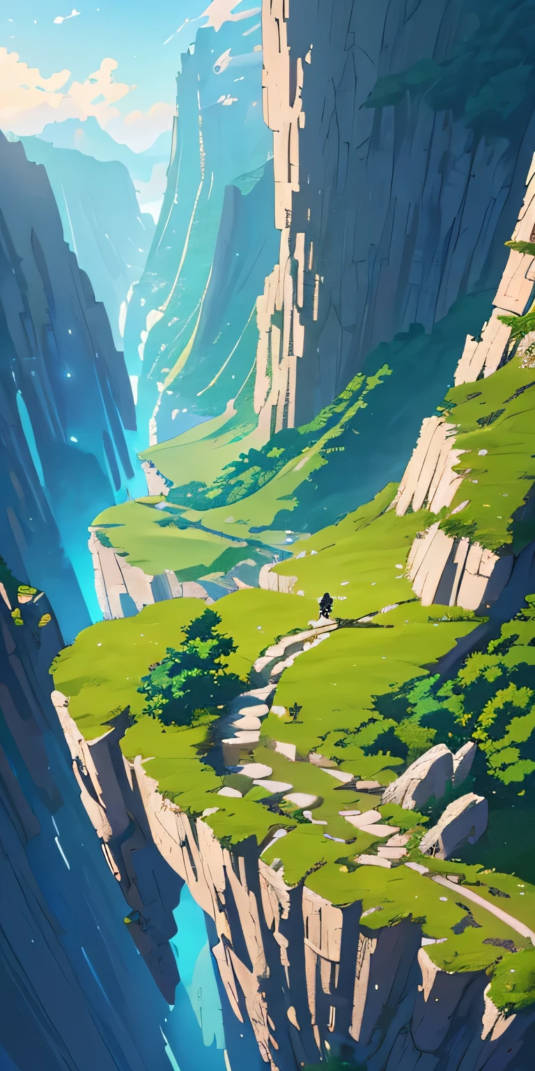 tmasterpiece, best qualtiy, (Very detailed CG unity 8k wallpaper) (best qualtiy), no humanost Best Illustration), (best shadow) Nature', anime illustration of an adventurer standing on the edge of a mountain, overlooking a beautiful valley below, in the anime style, colorful, with high details, high resolution, high quality, high contrast, a masterpiece, an epic shot, in the style of Makoto Shinkai, Atey Ghailan, Studio Ghibli, and Hayao Miyazaki, trending on art station and pixiv -