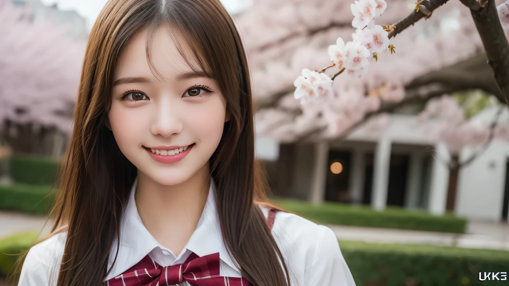 1girl, (Best Quality:1.4), (Ultra-detailed), (extremely detailed beautiful face), Amazing face and eyes, (long hair), cute smile, brown eyes, (highly detailed Beautiful face), (high school uniform:1.2), (extremely detailed CG unified 8k wallpaper), Highly detailed, High-definition raw color photos, Professional Photography, Realistic portrait, evening, Extremely high resolution, smiling, cherry blossoms,