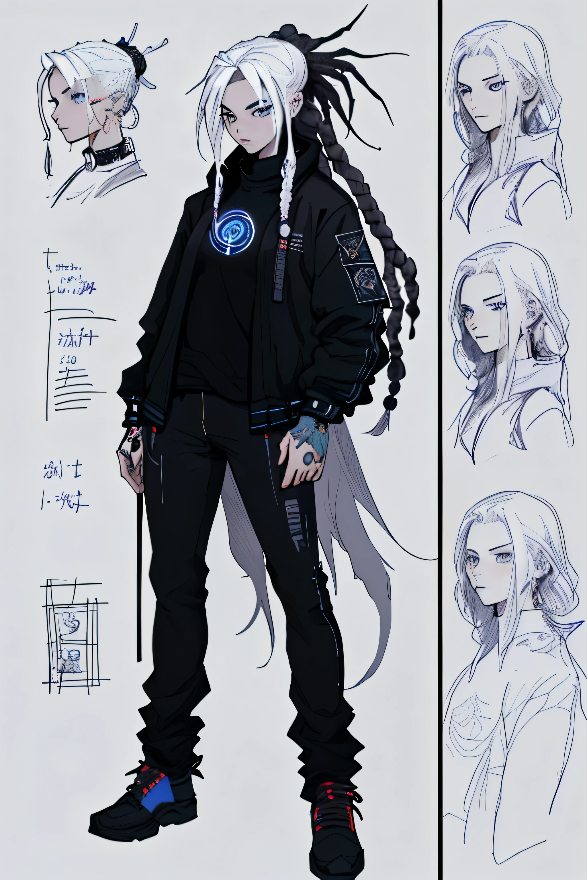 1 girl, ekko arcane hair, dreadlocks, ager, rock jacket, black clothing, white hair, light background, full body, long hair, teen, tribal tattoo, colorful parts, sketchbook, hand drawn hand, witch symbols, dark , bold, realistic sketch, sketch, mixing dark lines and loose lines, bold lines, on paper, turn on character sheet, human woman, blue eyes, full body, imposing pose, lots of details, stylish outfit, symbols, runes , dark theme , black shirt, beautiful, pretty, modest