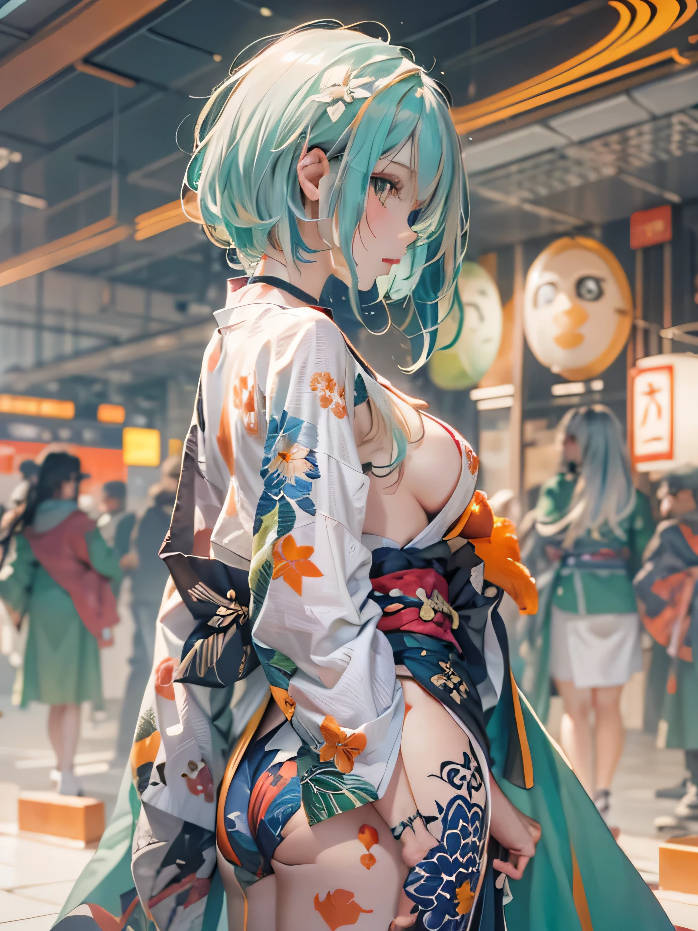 (photorealistic:1.8, highest quality:1.8,8K masterpiece:1.8,High resolution,muste piece:1.8,RAW Photos,cinematic lighting),No split screen, (1 android girl:1.3)、Completely naked、full body tattoo、beautiful big breasts、choker、Nipple piercing、kimono、Furisode、beautiful butt,beautiful thighs,plump nipples、Nipples are visible through the costume,cameltoe,Body painting with a pop design drawn all over the body、pop art design、cutting edge fashion、conceptual art、(Beautiful shining green-orange-blue-white hair:1.5)、Impassive、(back view、back pose:1.3)