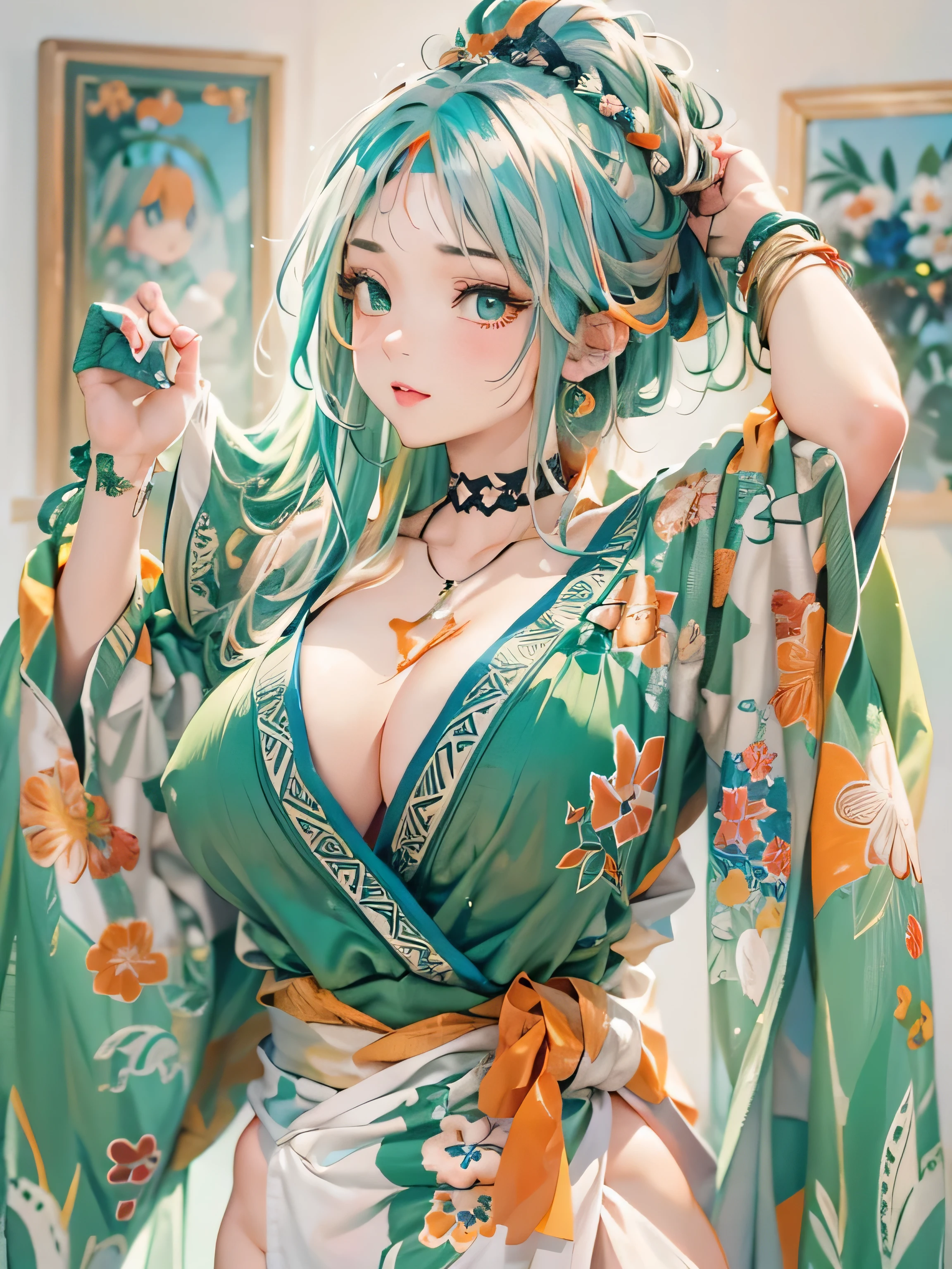 (photorealistic:1.8, highest quality:1.8,8K masterpiece:1.8,High resolution,muste piece:1.8,RAW Photos,cinematic lighting),No split screen, (1 android girl:1.3)、Completely naked、full body tattoo、beautiful big breasts、choker、Nipple piercing、kimono、Furisode、beautiful butt,beautiful thighs,plump nipples、Nipples are visible through the costume,cameltoe,Body painting with a pop design drawn all over the body、pop art design、cutting edge fashion、conceptual art、(Beautiful shining green-orange-blue-white hair:1.5)、Impassive、(back view、back pose:1.3)