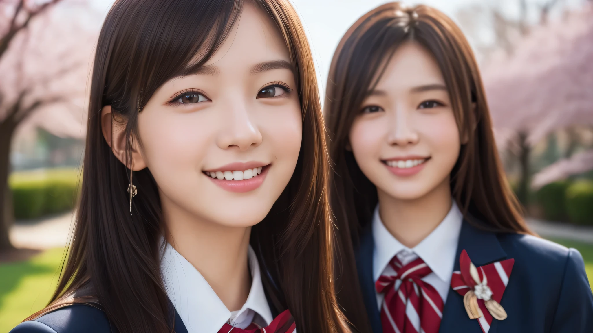 1girl, (Best Quality:1.4), (Ultra-detailed), (extremely detailed beautiful face), Amazing face and eyes, (long hair), cute smile, brown eyes, (highly detailed Beautiful face), (high school uniform:1.2), (extremely detailed CG unified 8k wallpaper), Highly detailed, High-definition raw color photos, Professional Photography, Realistic portrait, evening, Extremely high resolution, smiling, cherry blossoms,