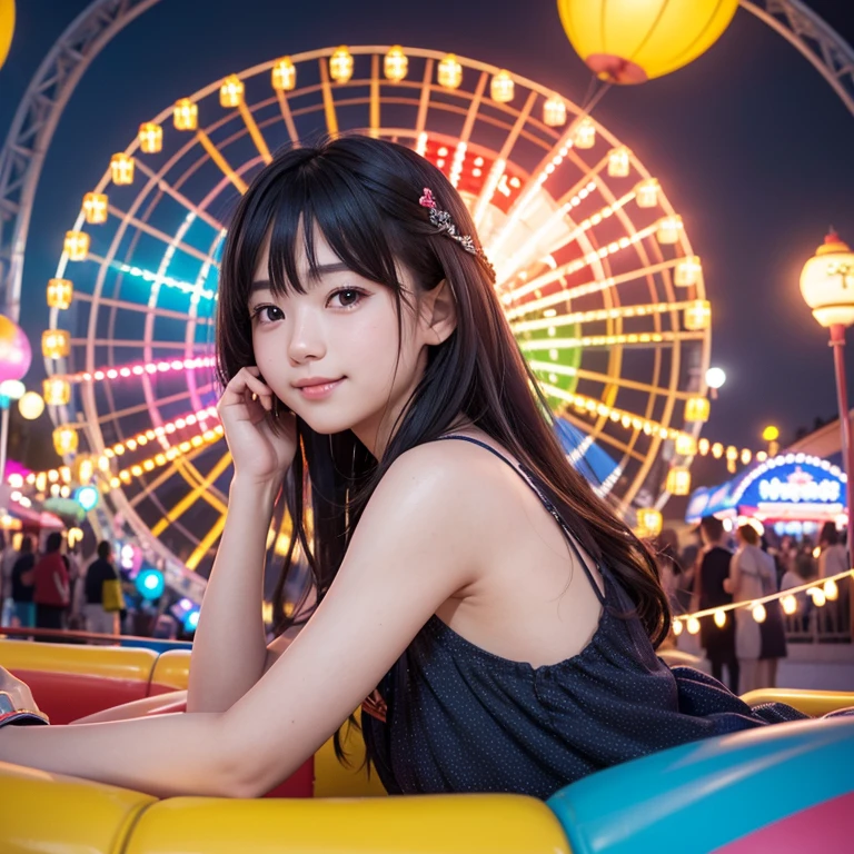 (8K、top-quality、超A high resolution、​masterpiece:1.2)、(Photorealsitic:1.4)、(detailed skins:1.3)、(bokeh dof)、1 girl、(ulzzang-6500:1.0)、(style-keta: 0.8)、Portrait of cute  teen at 15 years old、Beautiful Japan girl at 15 years old、Teen、(Detail Eye) 、a smile、(Colorful amusement park)、stas、happiness、lots of balloons、the Ferris wheel、merry-go-round、rollercoaster、Elaborate CG 8K wallpapers、dynamic ungle、beautiful  lighting、profetional lighting、(sharp focus)