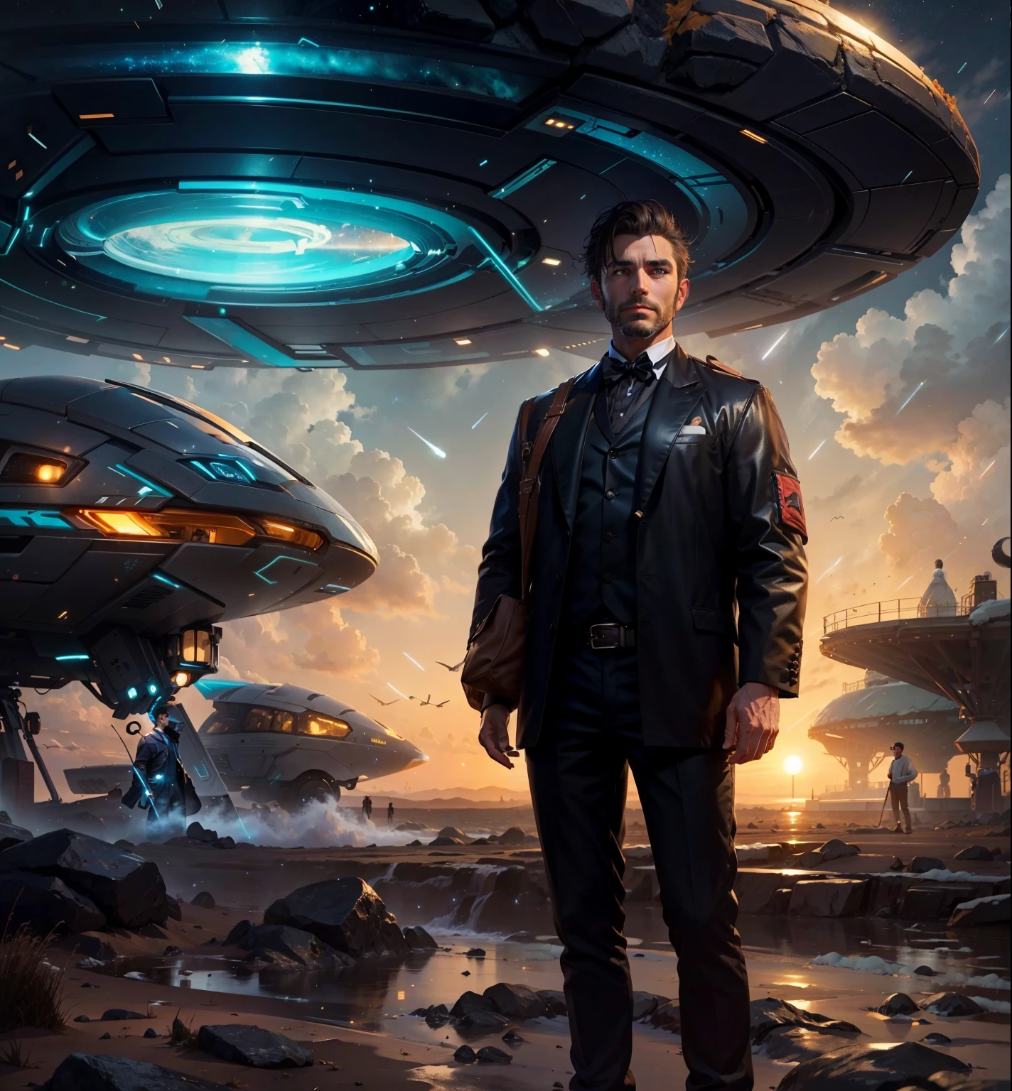 A nice looking man standing toward to the camera in the foreground and some OVNIS in the background