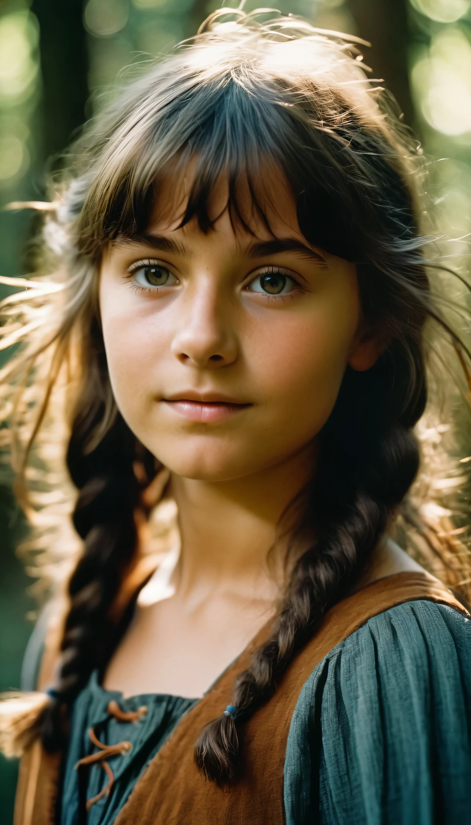 analog film photo, photo of young hobbit thief, female, 14 years-old, sun-tanned skin, diminutive stature, stocky build, shaggy bangs, pretty, natural beauty, resembles Emilia Clarke, mystical forest, RAW Photograph, dslr, soft lighting, high quality, film grain, Fujifilm XT3, detailed skin with visible pores, insane details, masterpiece, 8k, 35mm photograph, dslr, kodachrome, faded film, desaturated, 35mm photo, grainy, vintage, Kodachrome, Lomography, stained, highly detailed, found footage, close-up shot 