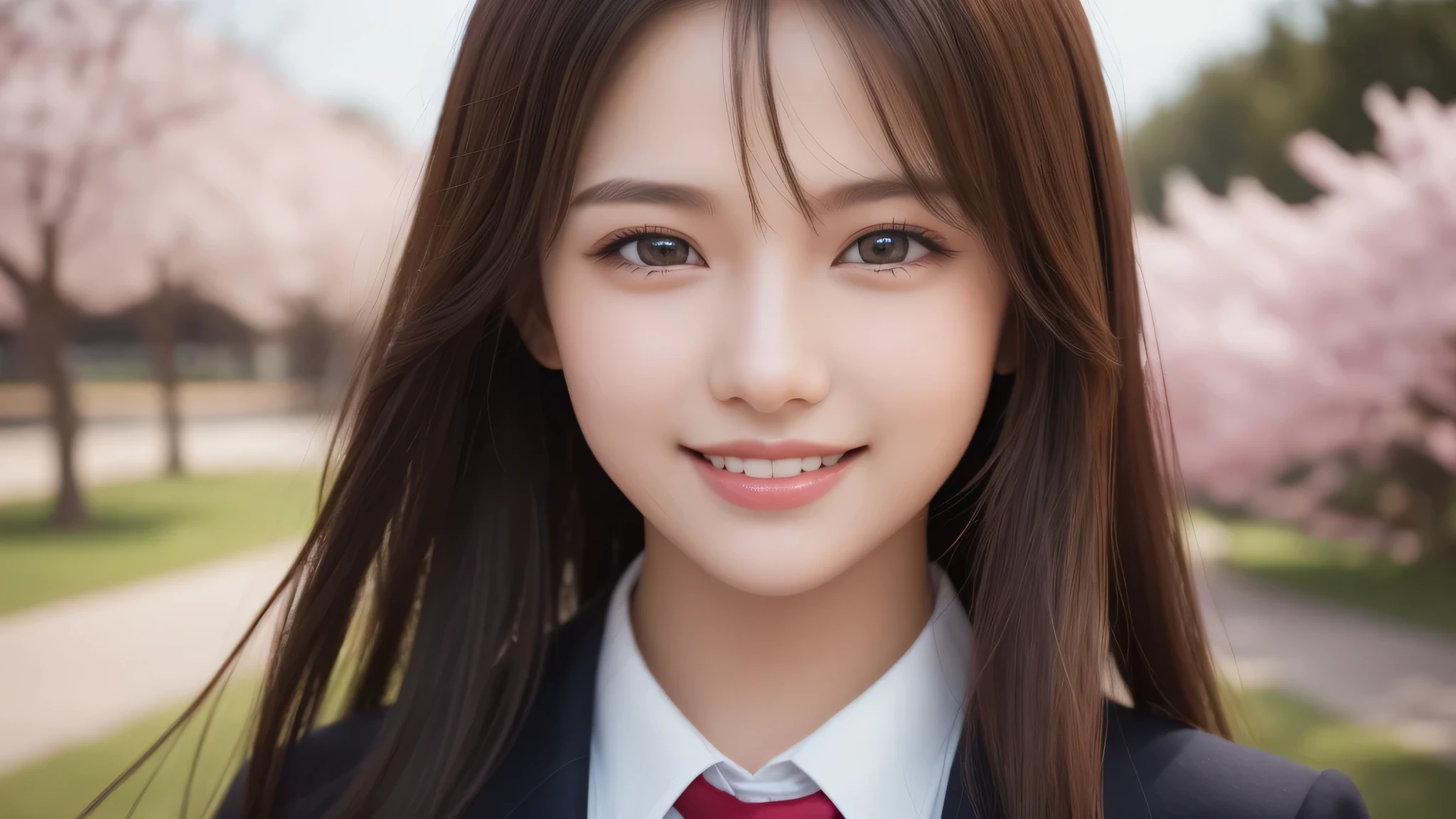 1girl, (Best Quality:1.4), (Ultra-detailed), (extremely detailed beautiful face), Amazing face and eyes, (long hair), cute smile, brown eyes, (highly detailed Beautiful face), (high school uniform:1.2), (extremely detailed CG unified 8k wallpaper), Highly detailed, High-definition raw color photos, Professional Photography, Realistic portrait, evening, Extremely high resolution, smiling, cherry blossoms,