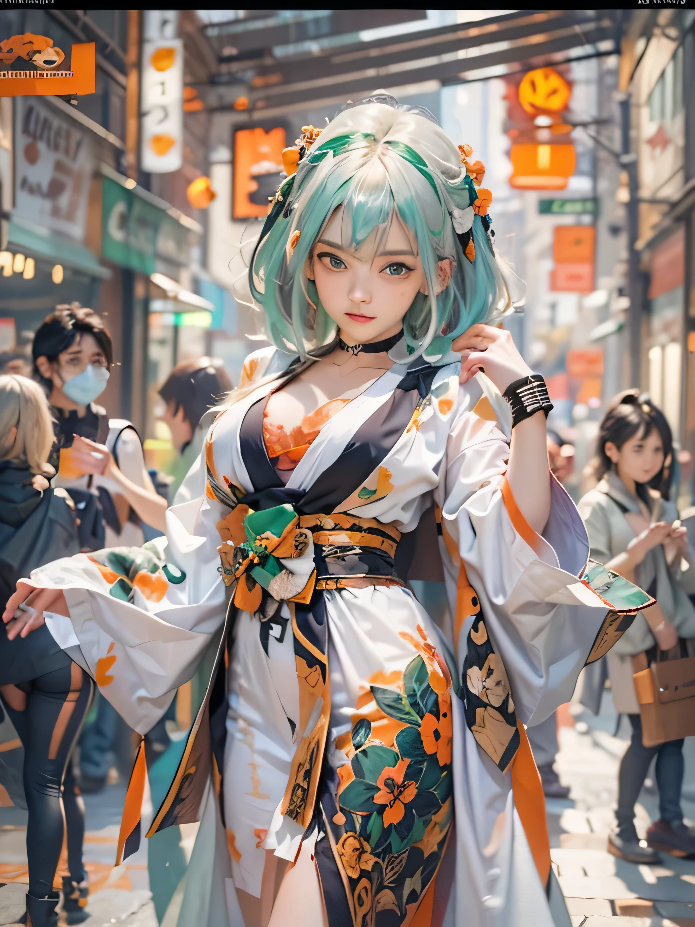(photorealistic:1.8, highest quality:1.8,8K masterpiece:1.8,High resolution,muste piece:1.8,RAW Photos,cinematic lighting),No split screen, (1 android girl:1.3)、Completely naked、full body tattoo、beautiful big breasts、choker、Nipple piercing、kimono、Furisode、beautiful butt,beautiful thighs,plump nipples、Nipples are visible through the costume,cameltoe,Body painting with a pop design drawn all over the body、pop art design、cutting edge fashion、conceptual art、(Beautiful shining green-orange-blue-white hair:1.5)、Impassive、(back view、back pose:1.3)