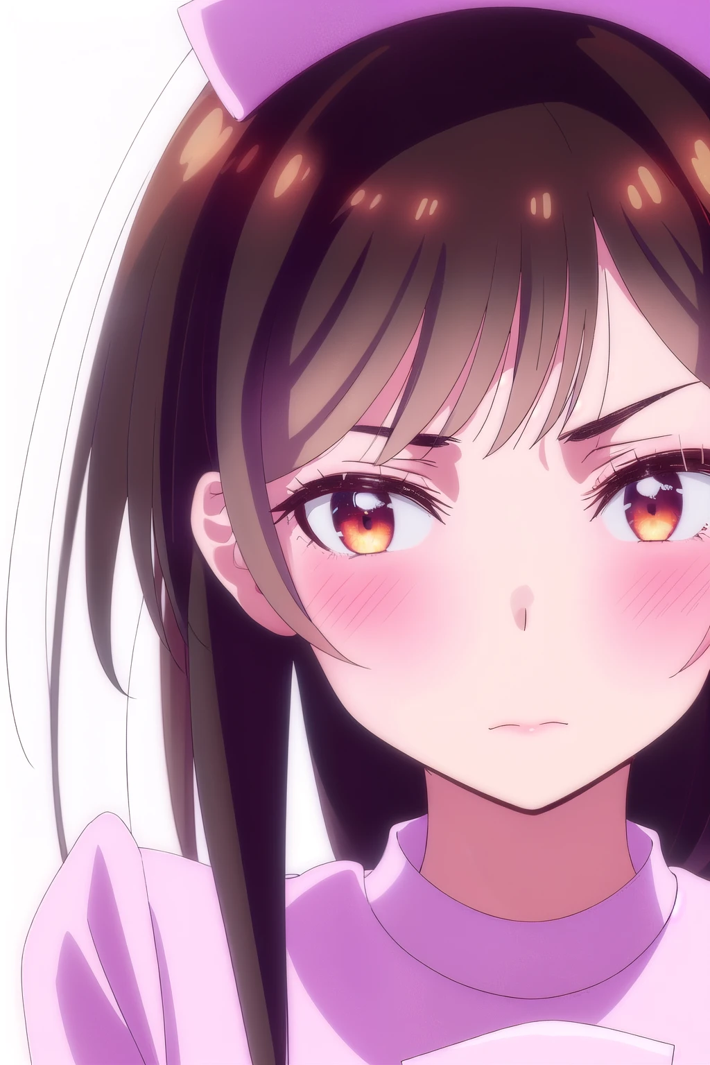 (1 girl), (orange eyes), (Intricate iris detailing), (front), (girl with little blush dressed as a nurse), (Lower your eyes), (Chizuru Mizuhara), (White background)