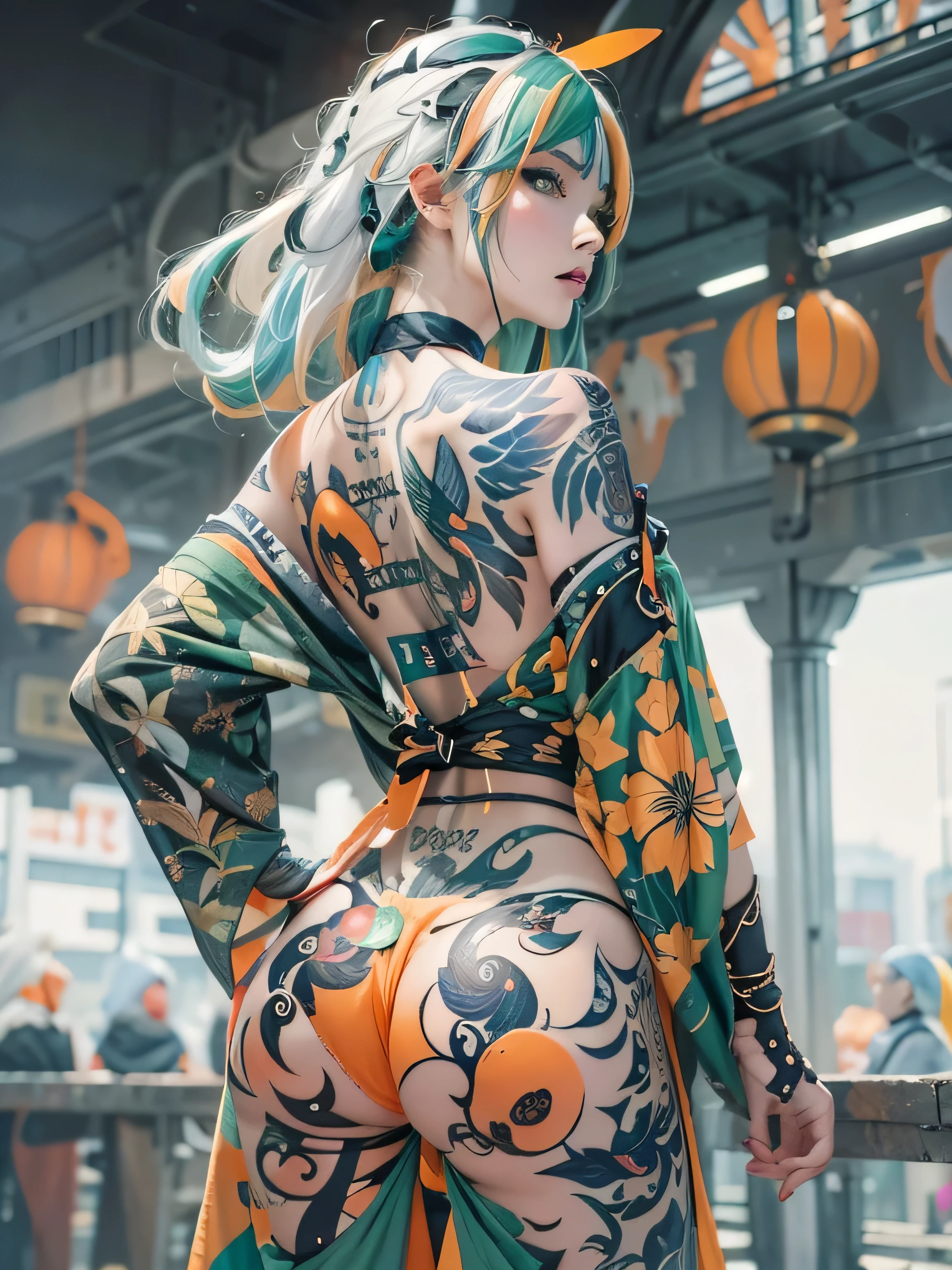 (photorealistic:1.8, highest quality:1.8,8K masterpiece:1.8,High resolution,muste piece:1.8,RAW Photos,cinematic lighting),No split screen, (1 android girl:1.3)、Completely naked、full body tattoo、choker、beautiful breasts、Nipple piercing、kimono、Furisode、beautiful butt,beautiful thighs,plump nipples、Nipples are visible through the costume,cameltoe,Body painting with a pop design drawn all over the body、pop art design、cutting edge fashion、conceptual art、(Beautiful shining green orange blue black and white hair:1.5)、Disdainful、(back view、back pose:1.3)