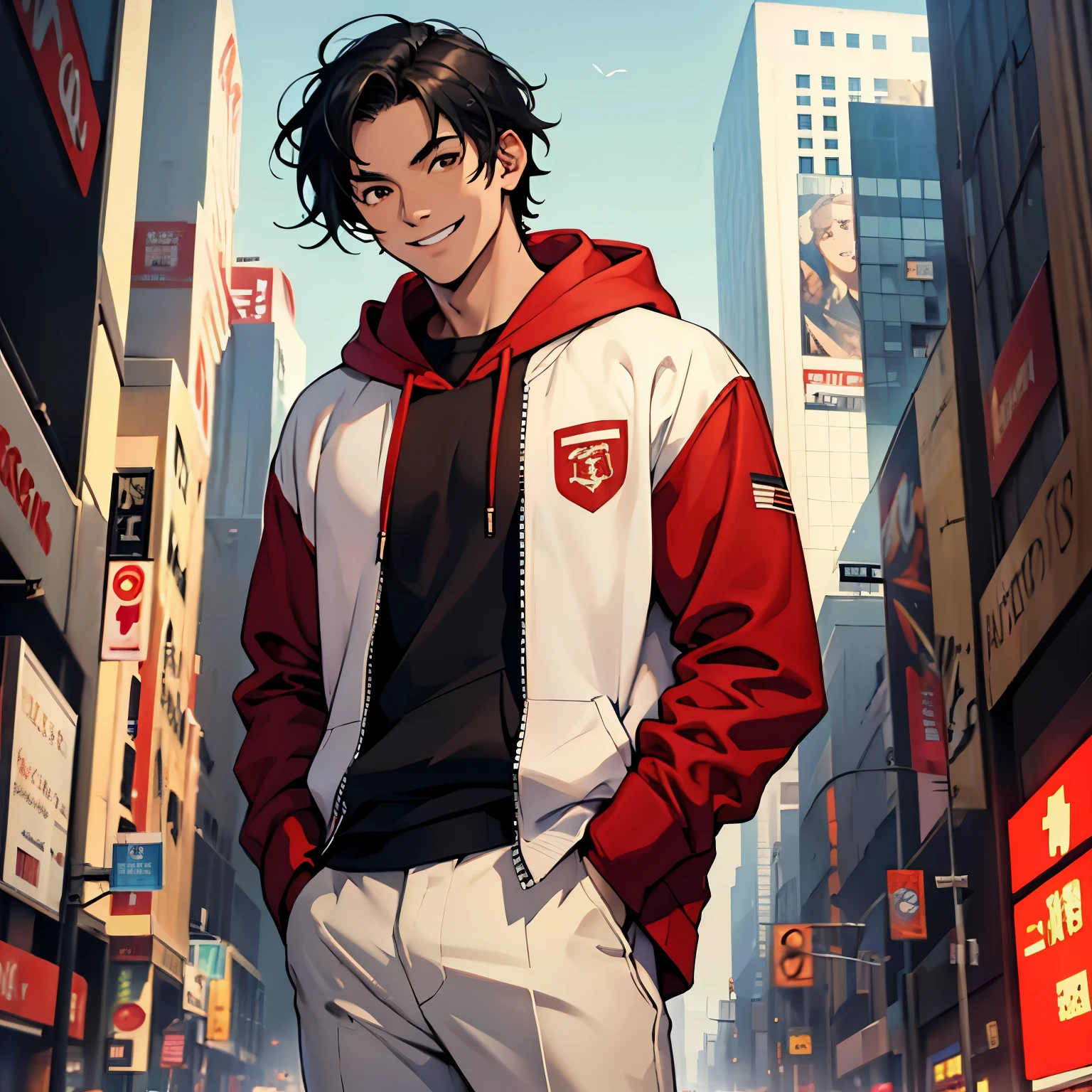 1 man, black hair, brown eyes, wearing a red hoodie, white linen pants, metropolis, justice, high res, 8k, masterpiece, smiling, hand in pocket, look at viewer