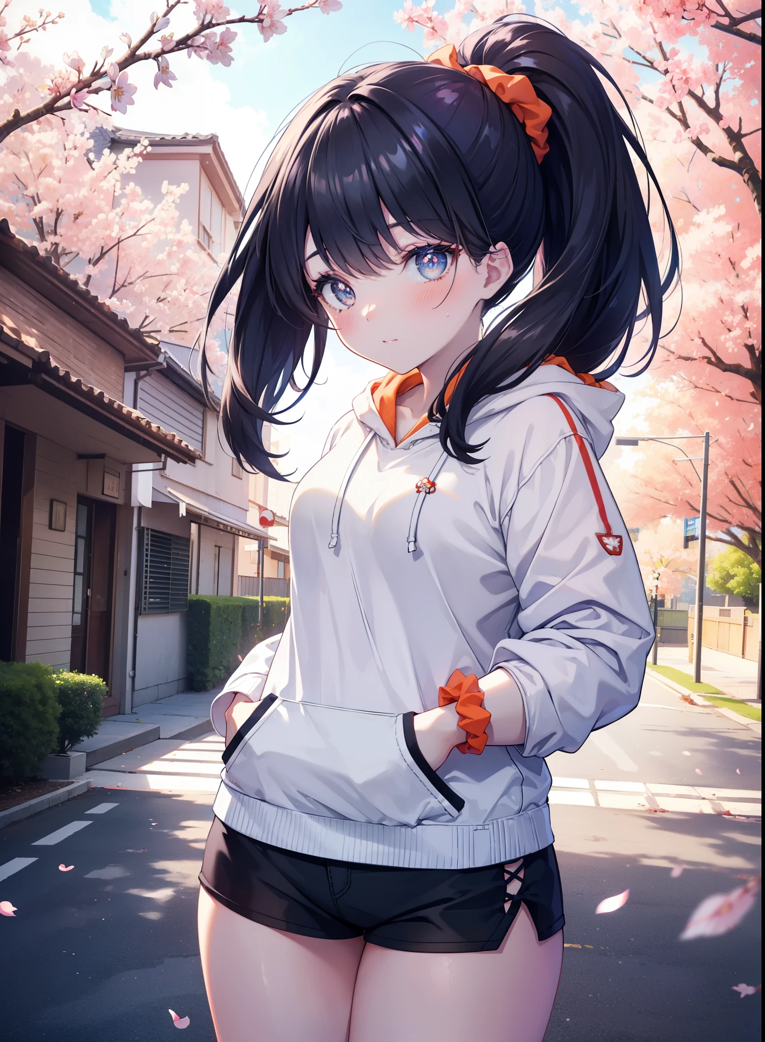 It&#39;s a good body, rikka takarada, black hair, blue eyes, long hair, orange Scrunchie, Scrunchie, wrist Scrunchie,ponytail,smile,blush,open your mouth,oversized red hoodie,shorts,black stockings,short boots,morning,morning日,the sun is rising,cherry blossoms are blooming,Cherry blossoms are scattered,
break outdoors, In town,residential street,
break looking at viewer, (cowboy shot:1.5),
break (masterpiece:1.2), highest quality, High resolution, unity 8k wallpaper, (figure:0.8), (detailed and beautiful eyes:1.6), highly detailed face, perfect lighting, Very detailed CG, (perfect hands, perfect anatomy),