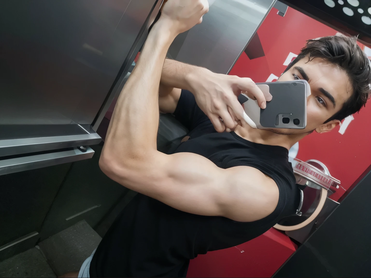 Improve his muscles and put yellow glasses on him and put a cell phone in his hand