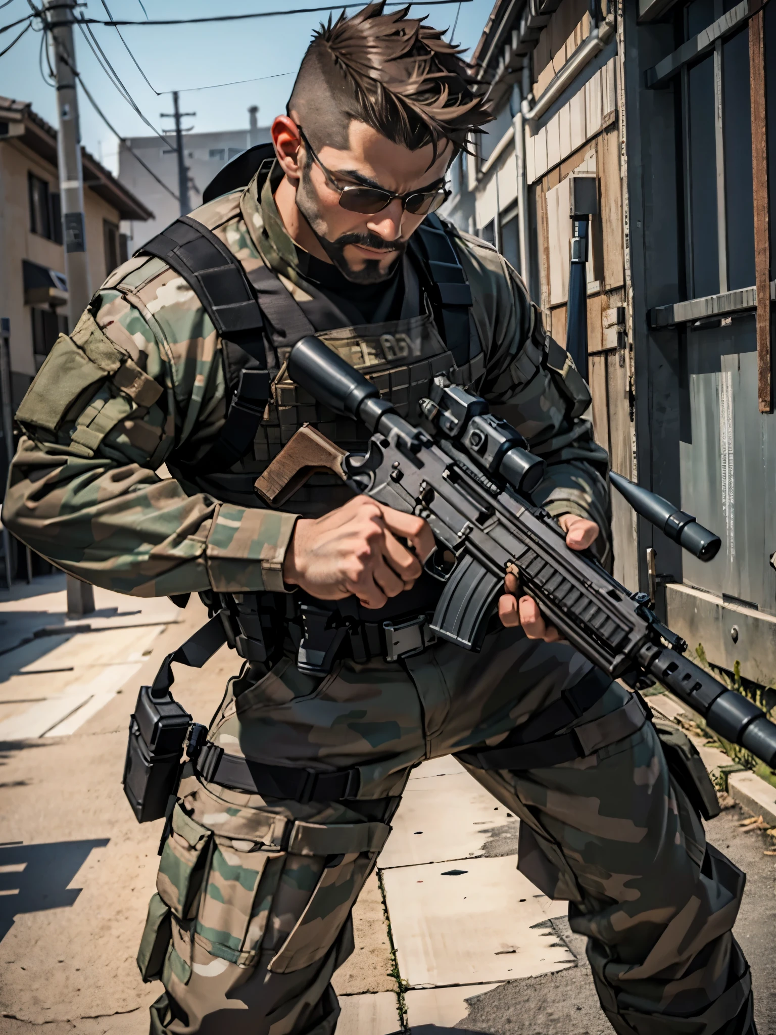 Muscular mercenary, firing machine gun, assault rifle, brown hair, crew cut, spiky hair, facial hair